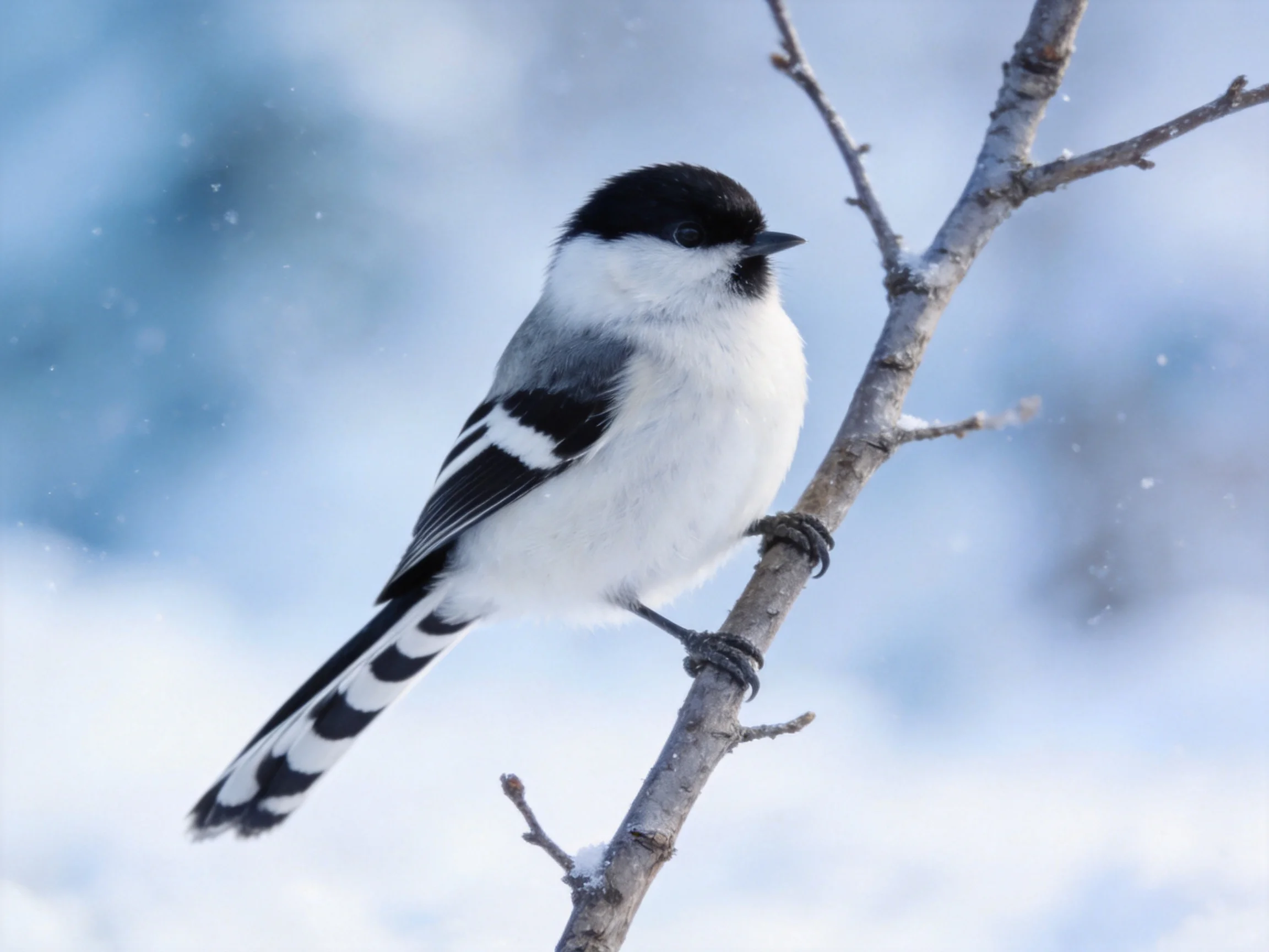 A small black-and-white bird perched on a snow-dusted branch