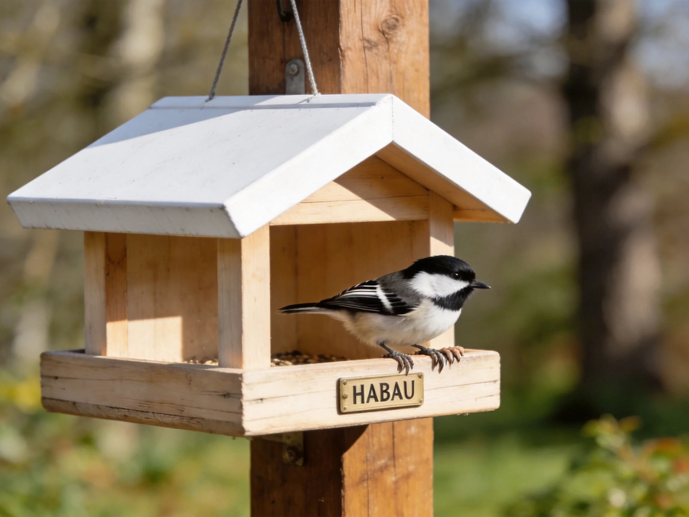 A small black-and-white bird perches on a white-roofed wooden birdhouse
