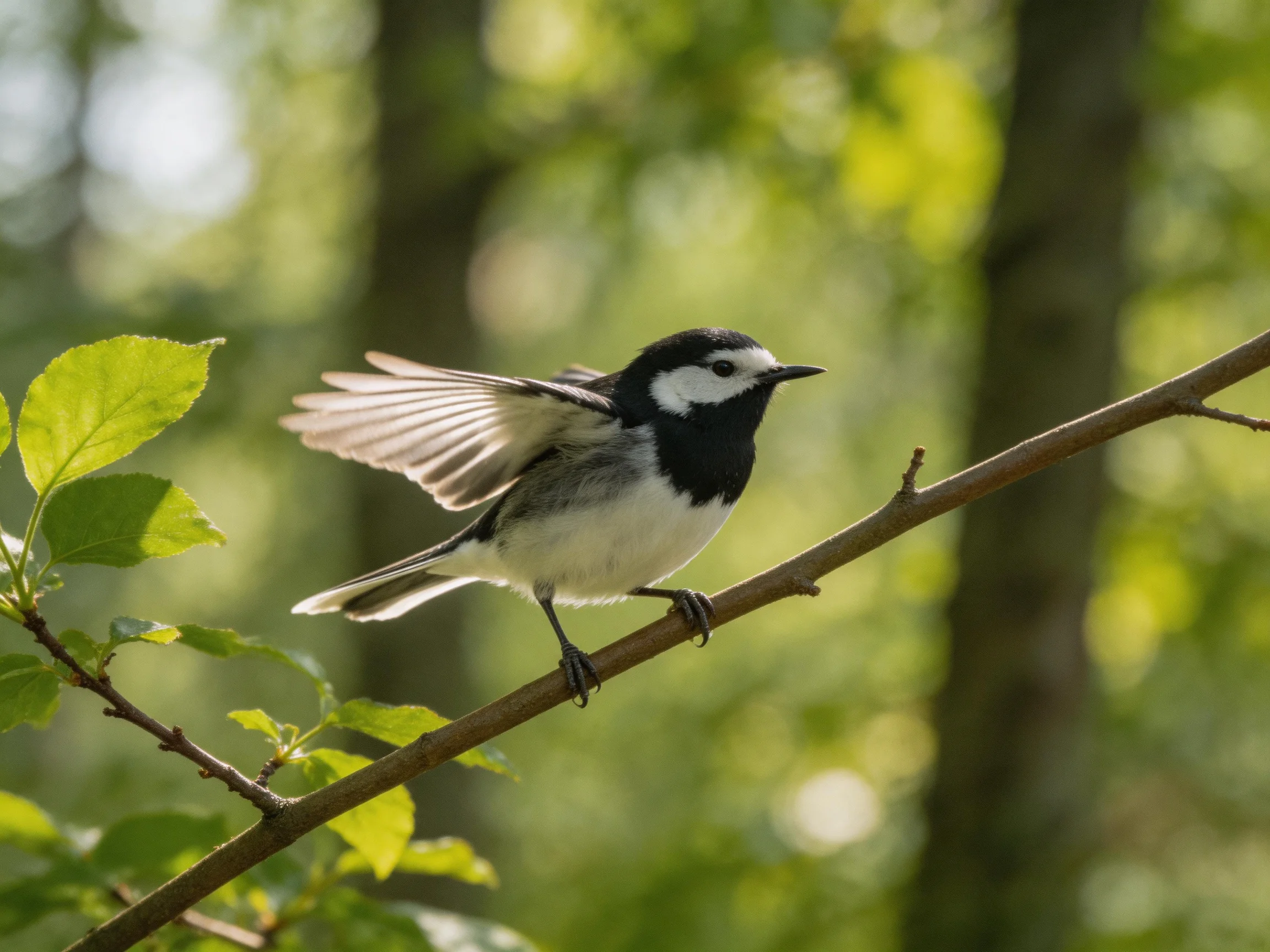 A small black-and-white bird spreading wings on a leafy branch