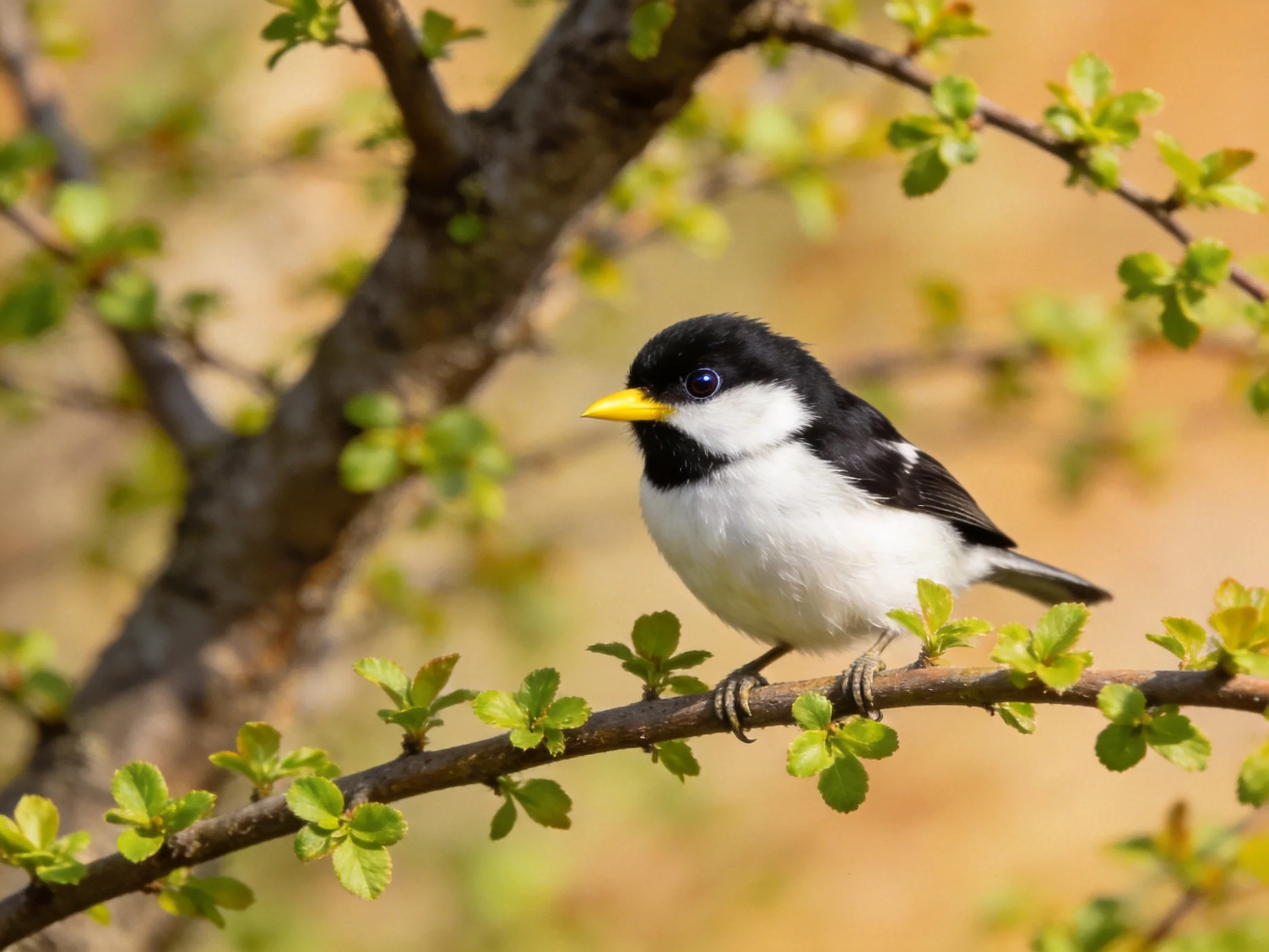 A small black-and-white bird with a yellow beak sits on a leafy branch.