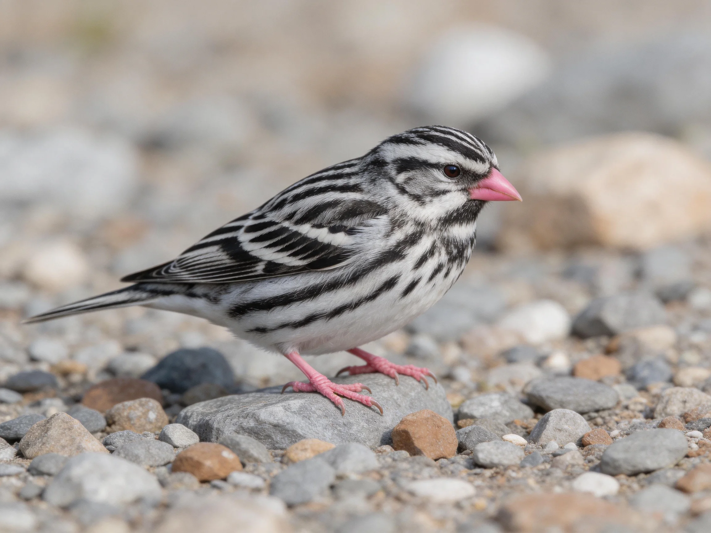 A bird with bold black-and-white markings and pink beak stands on rocky terrain.
