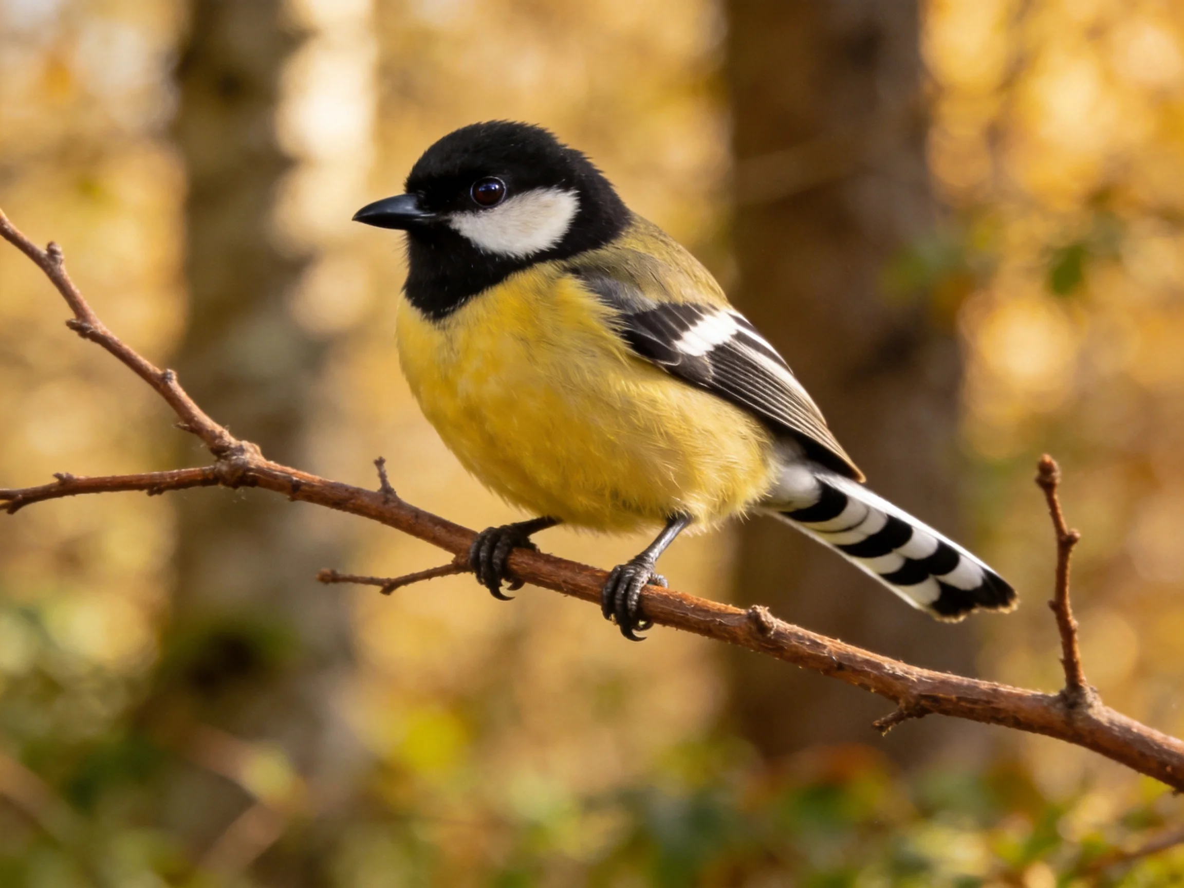 A small black-and-white and yellow bird perches on a thin brown branch amid blurred foliage.