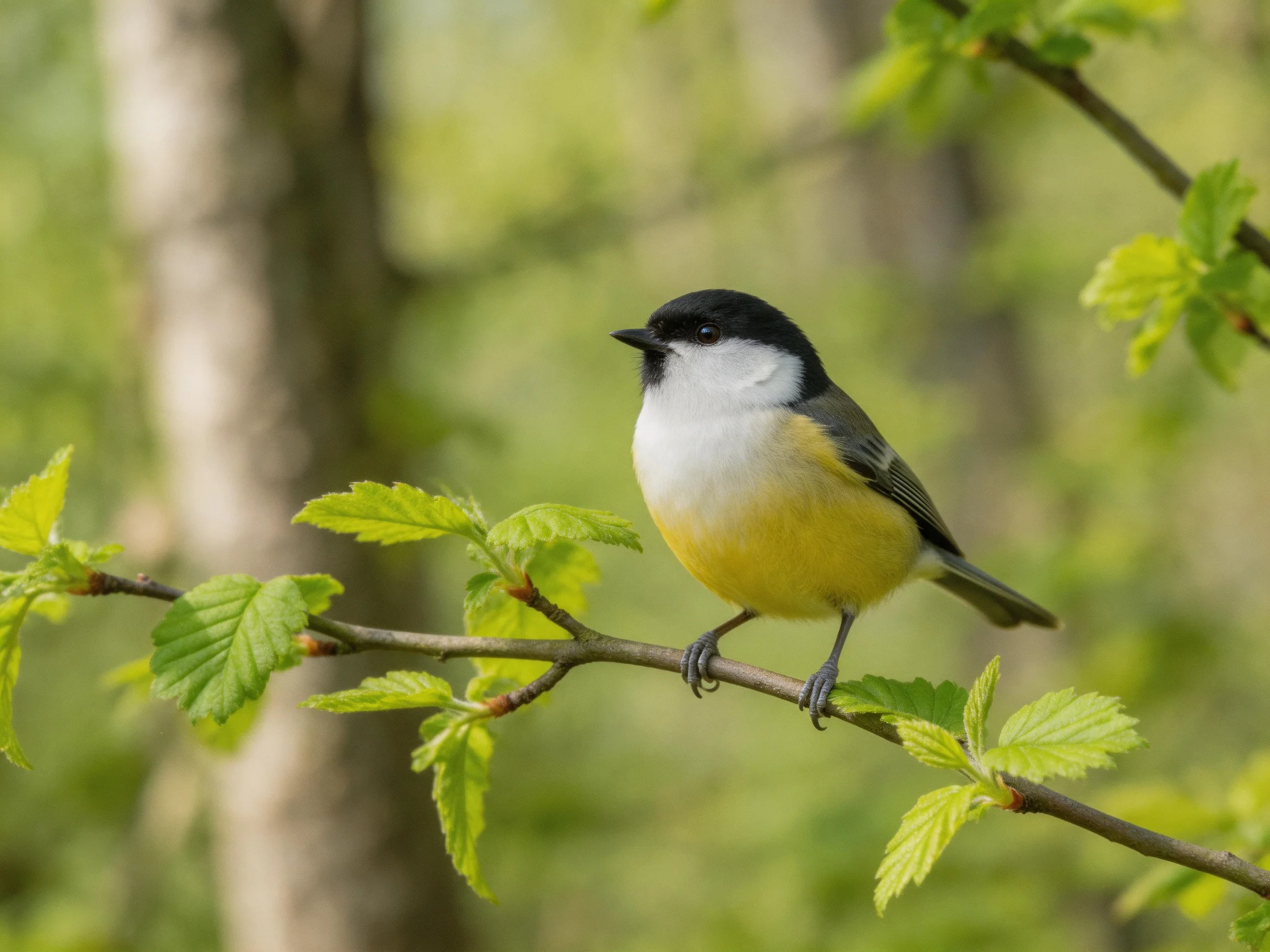 A small multicolored bird rests on a branch amid green foliage.
