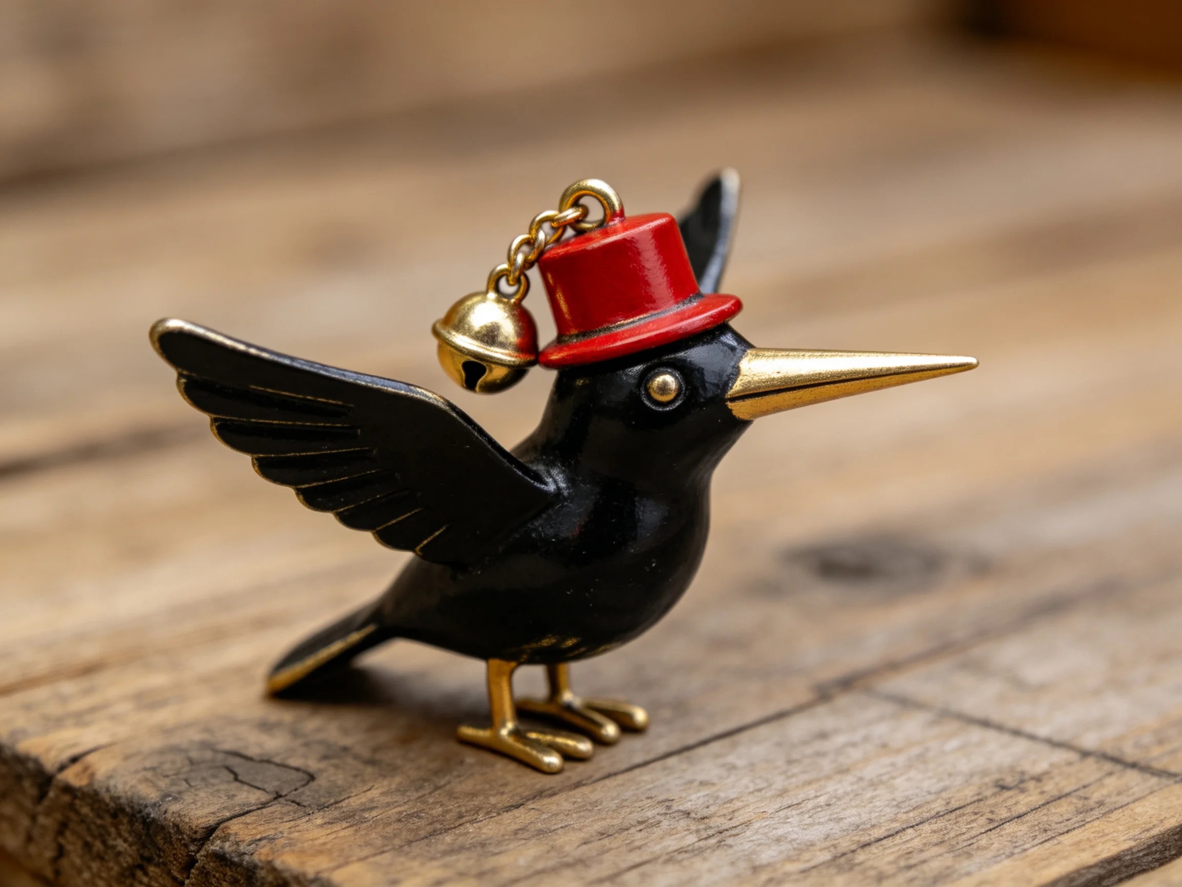 A small black bird figurine with a red top hat and golden bell