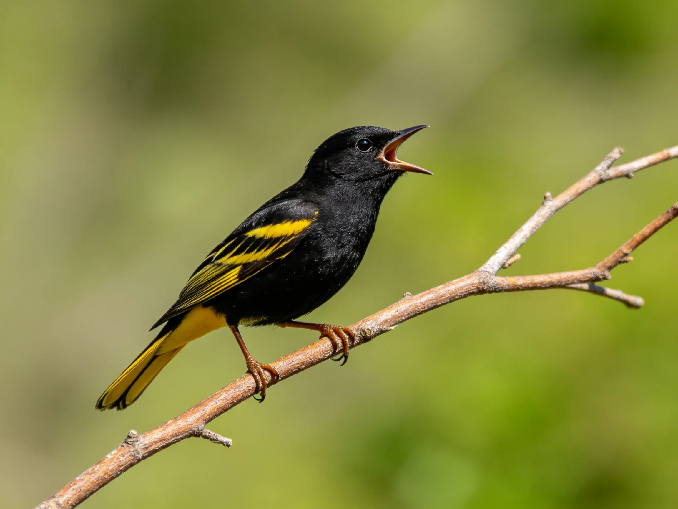 A black bird with yellow markings perches on a branch.