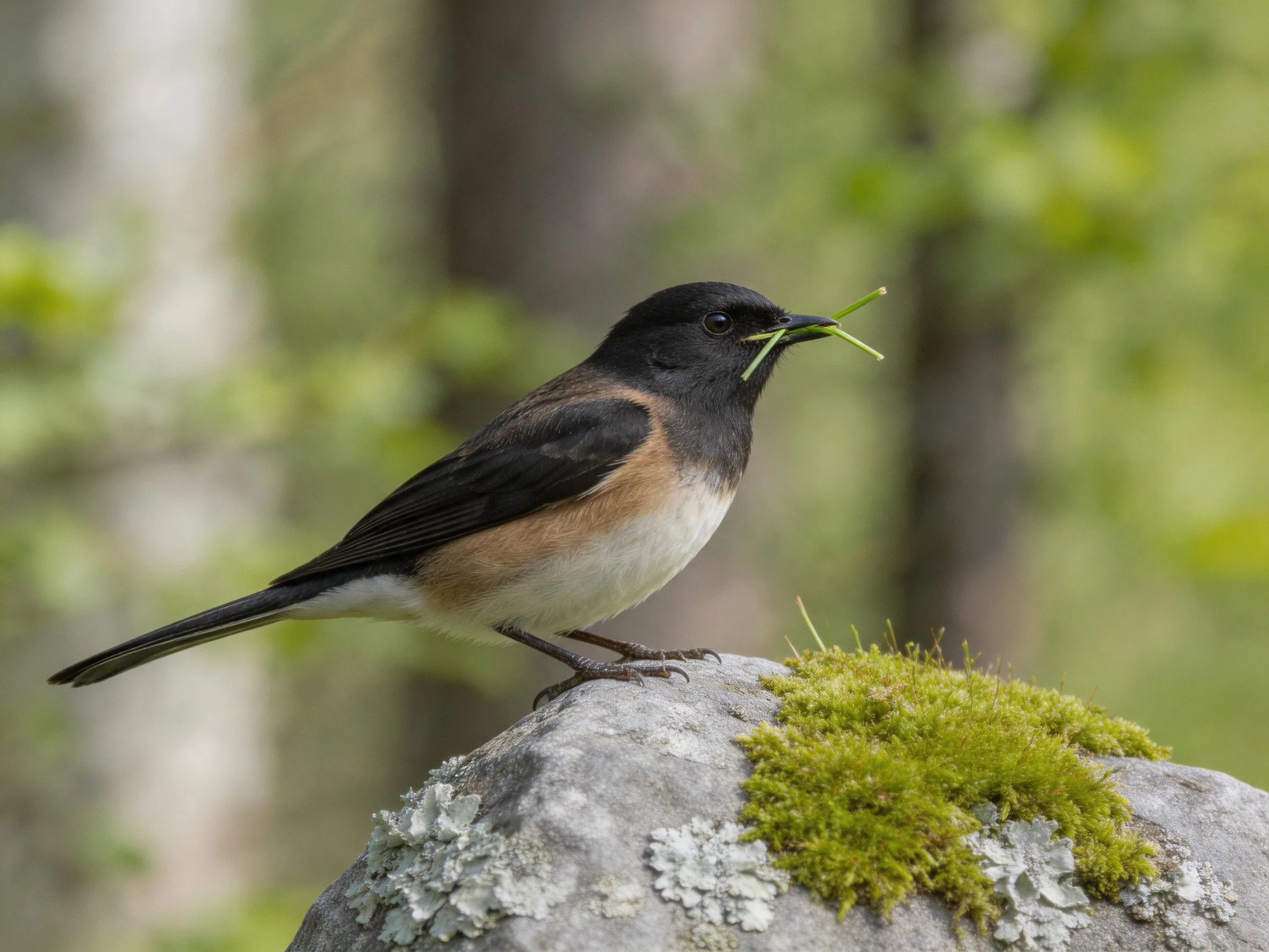A small black-brown bird gathers grass on a mossy rock