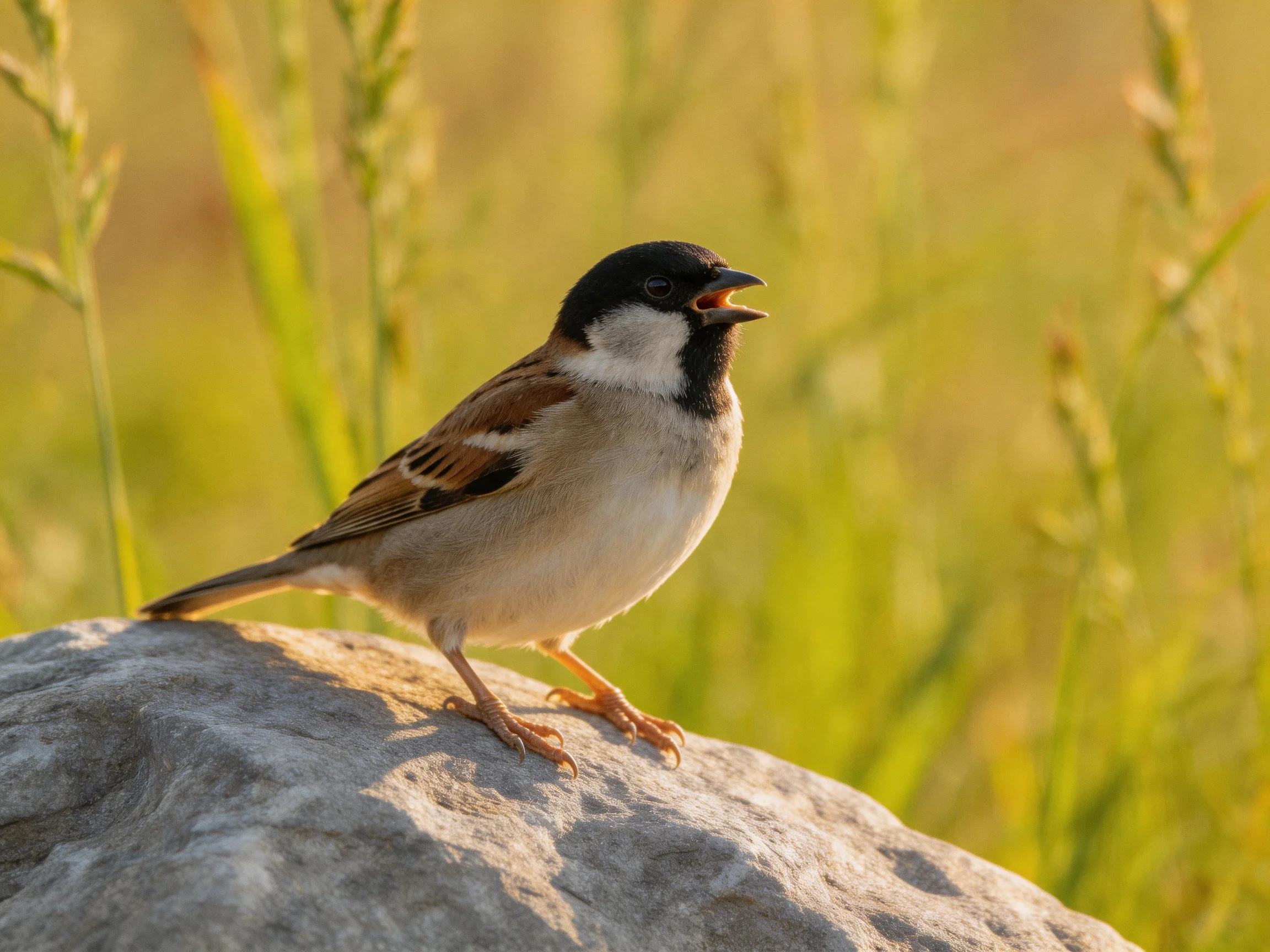 A small black-capped bird perched on a gray rock near lush green foliage