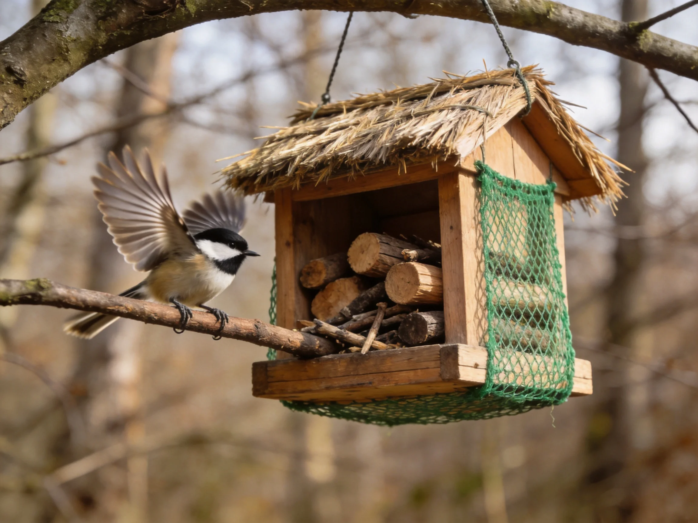 A small black-capped bird perches near a straw-roofed wooden feeder