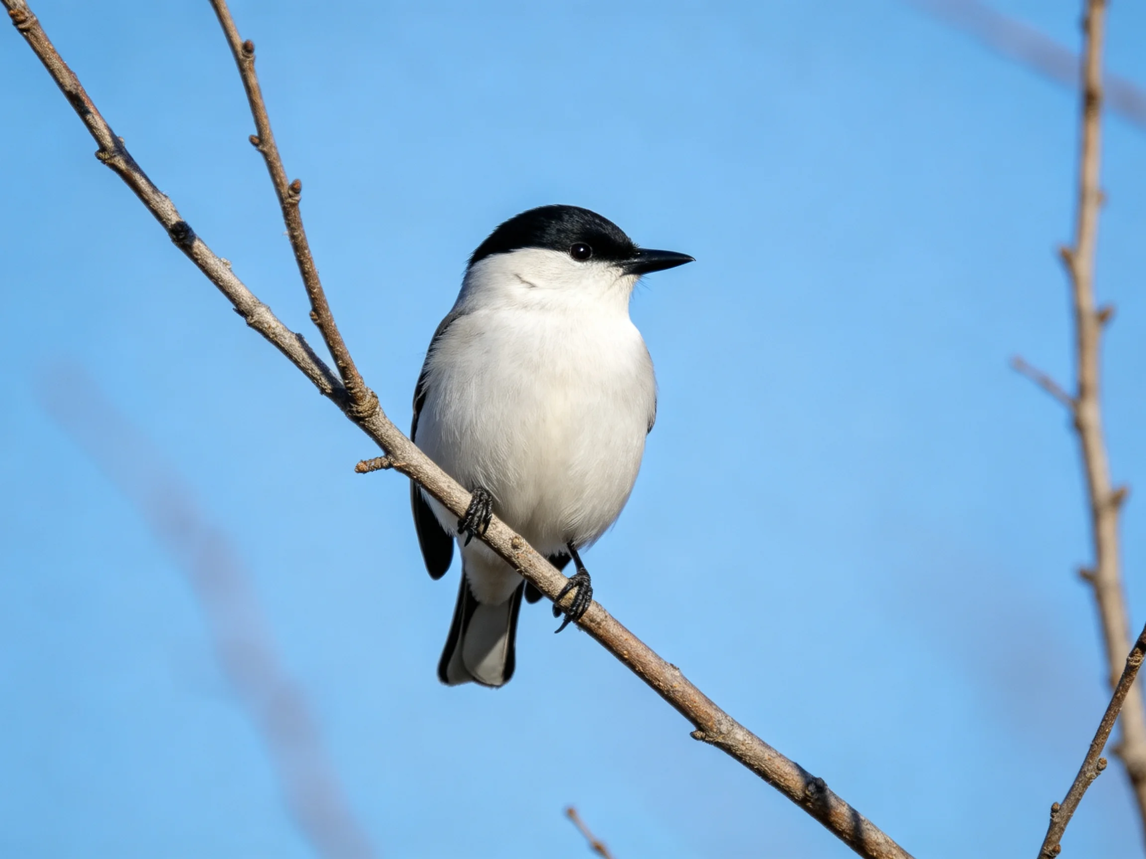 A small black-capped bird perches on a bare tree branch
