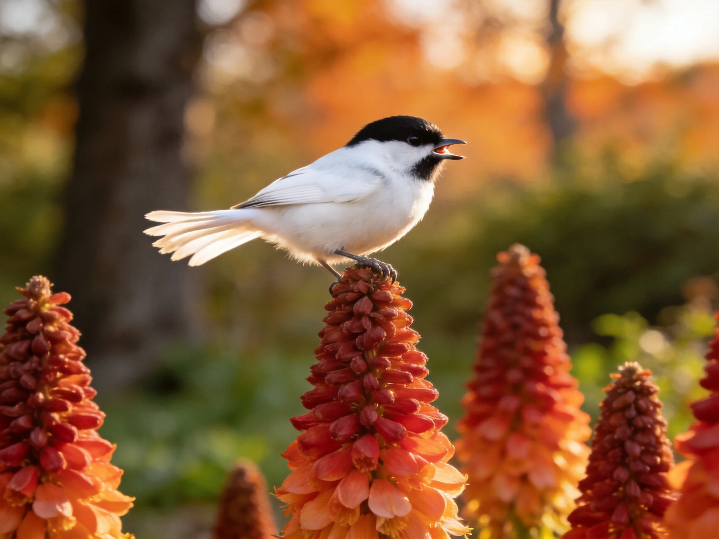 A small black - capped bird perches on tall orange flowers