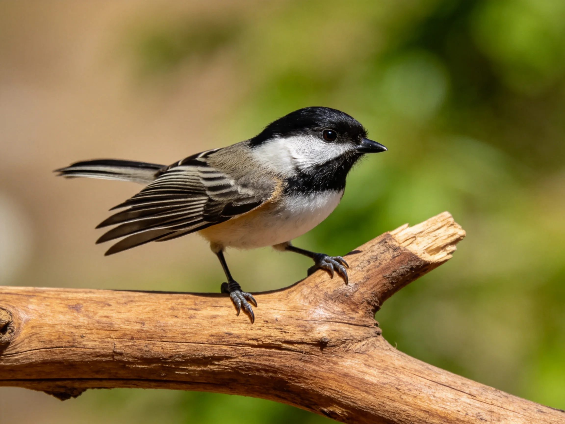 A small black-capped bird with white chest perched on a weathered tree branch