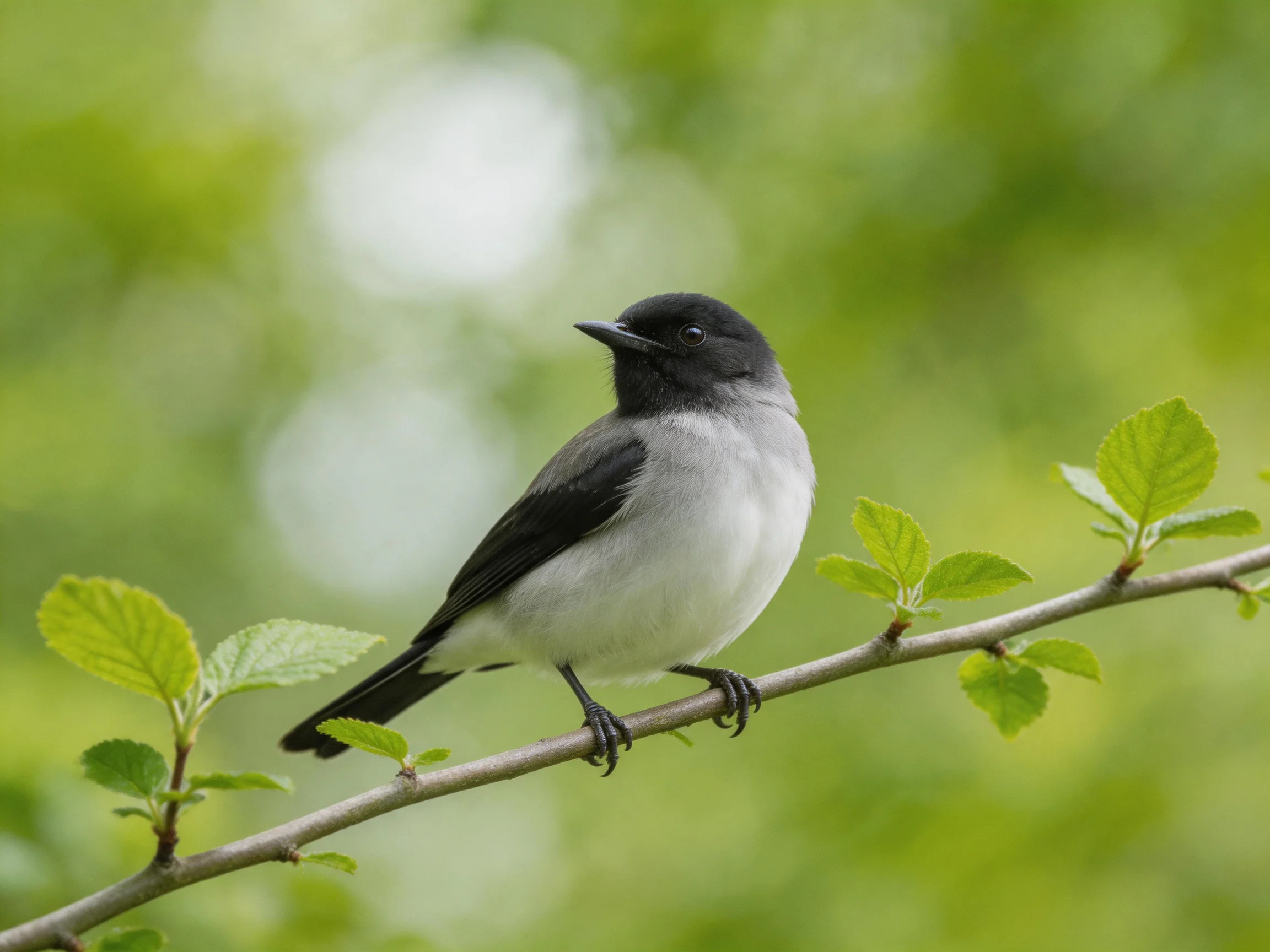 A small black-headed bird on a leafy branch