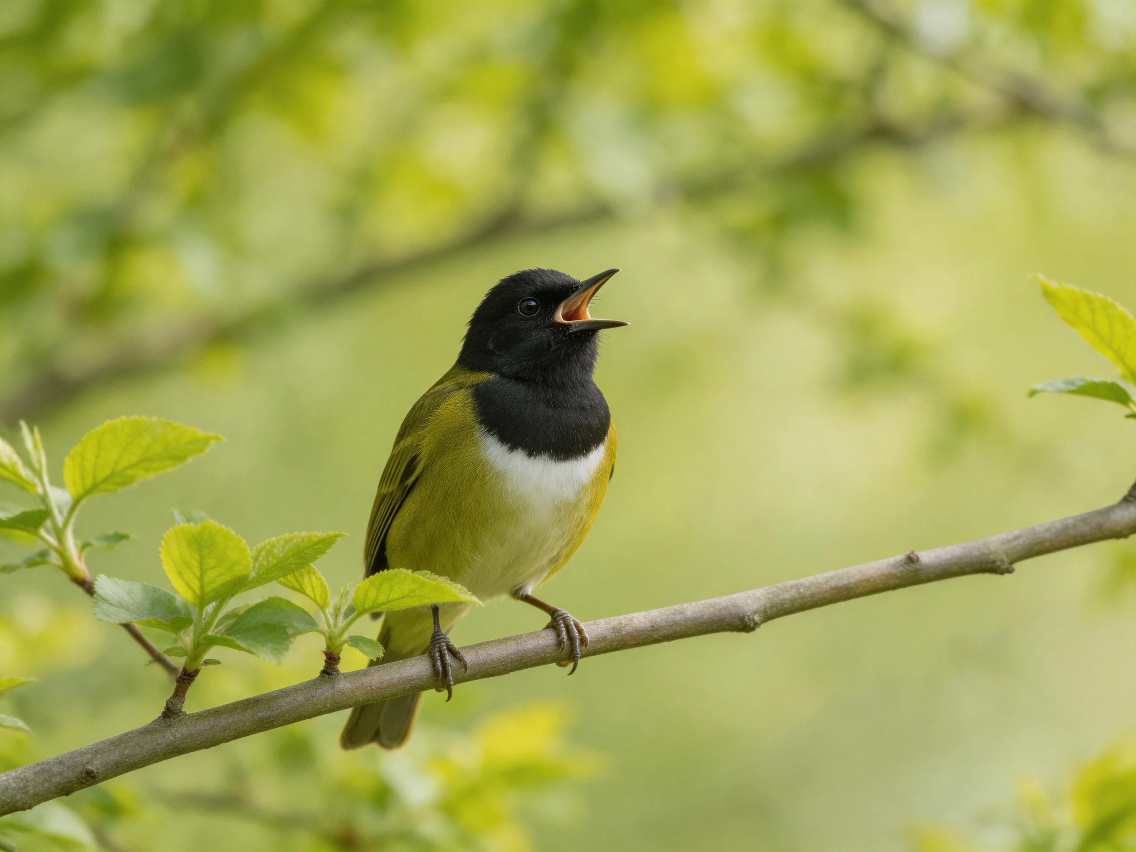 A small black-headed bird sings on a leafy branch