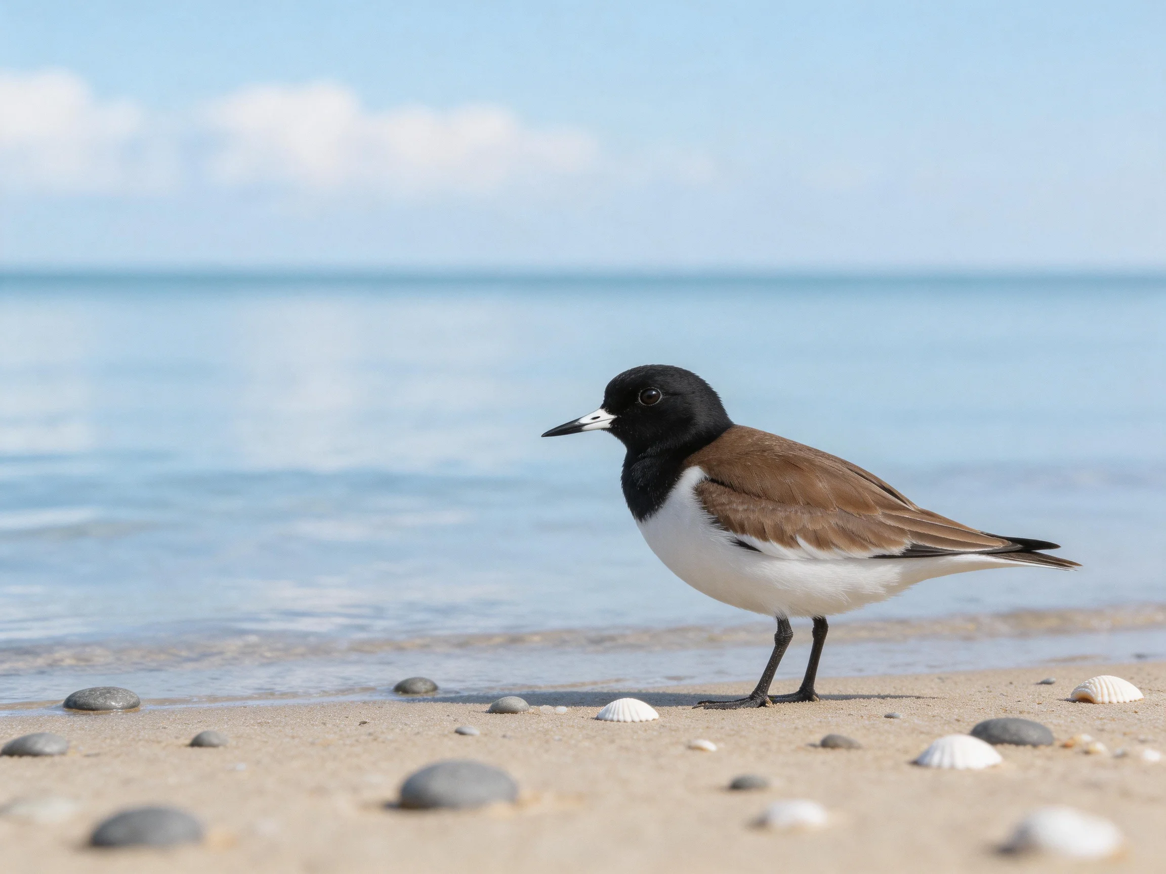 A small bird with a black head stands on a sandy beach by calm water.
