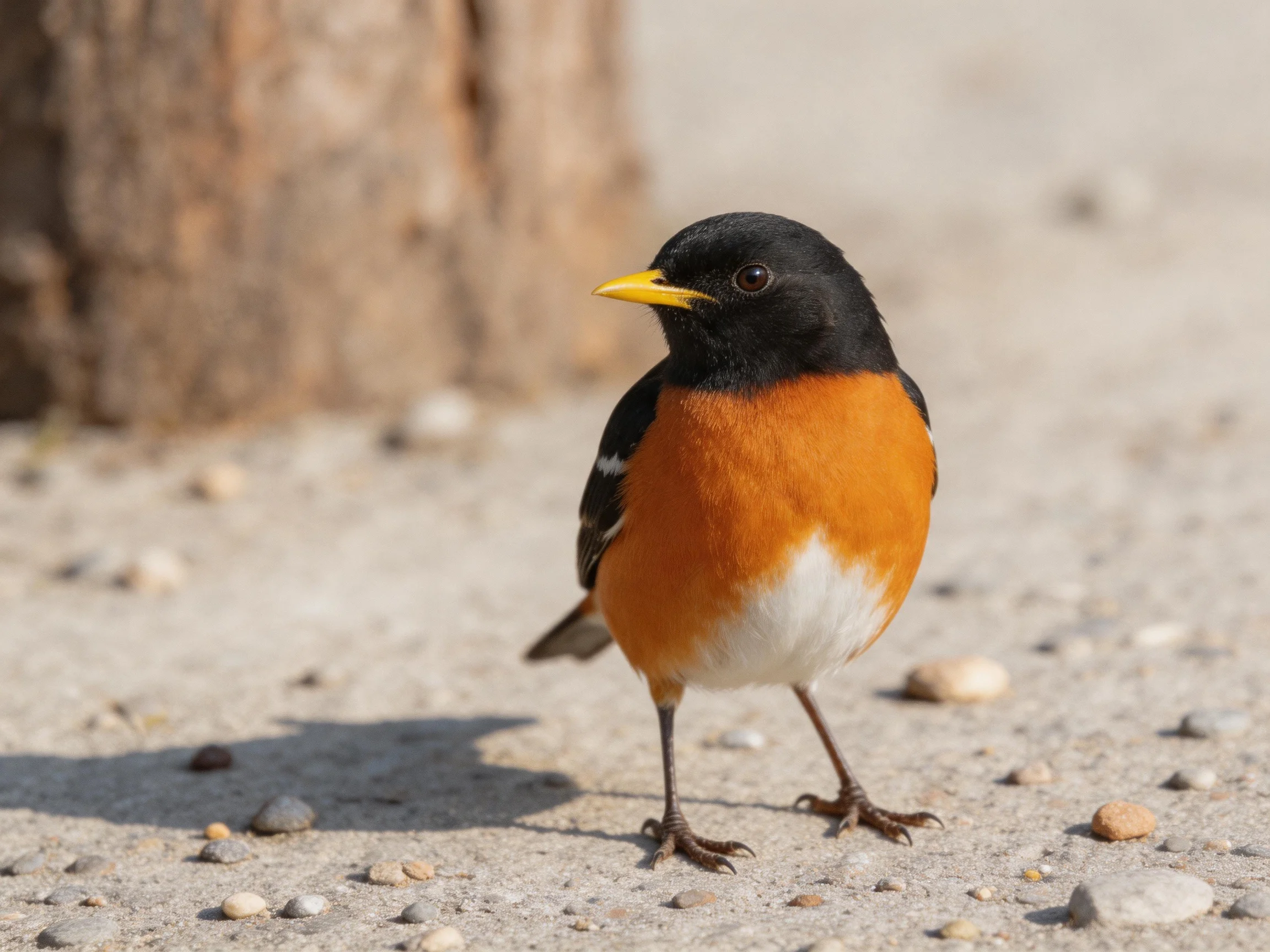 A small bird with a black head, orange chest, and white belly stands on gravel near a tree trunk.