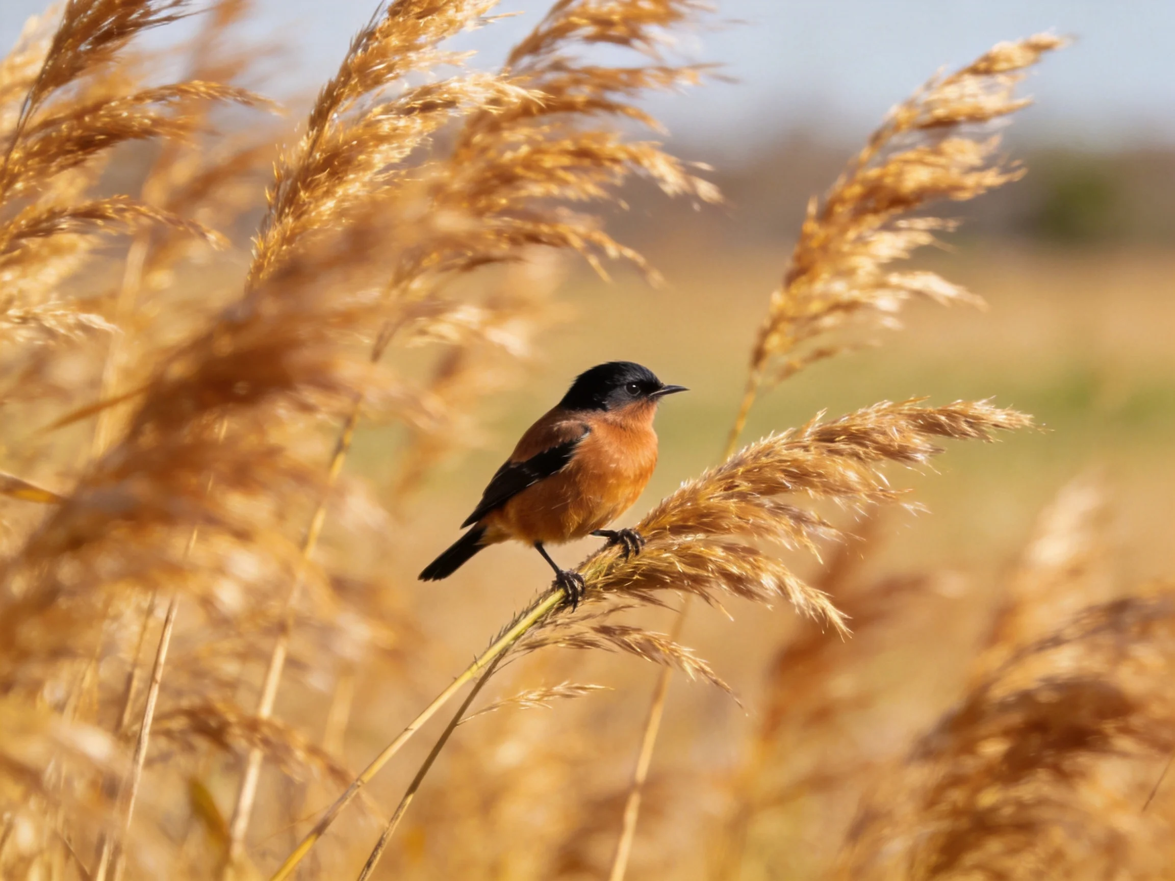 A small black-headed bird with orange plumage perches among golden reed stalks