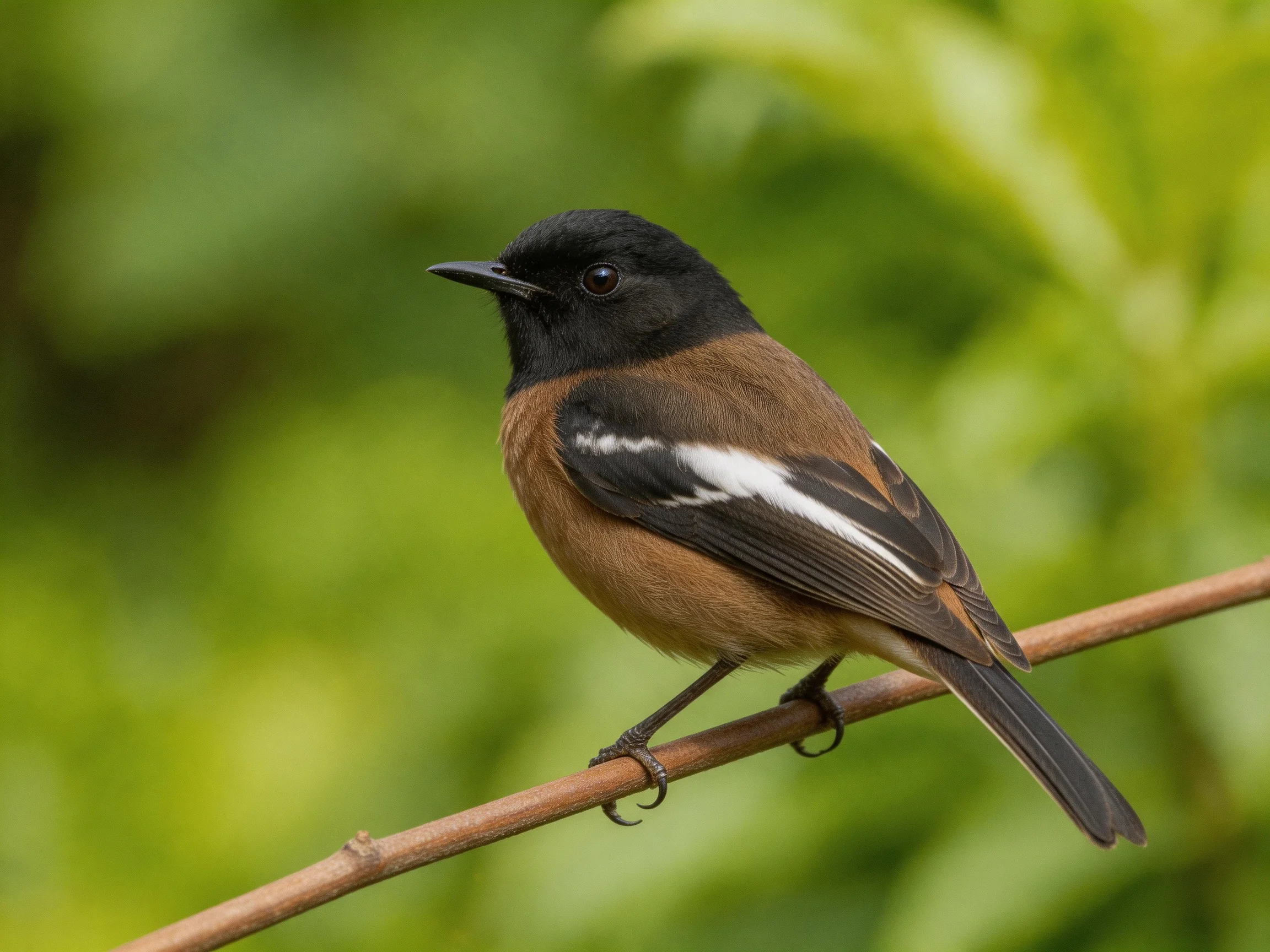 A small black-headed birdwith brown chest perched on a thin branch