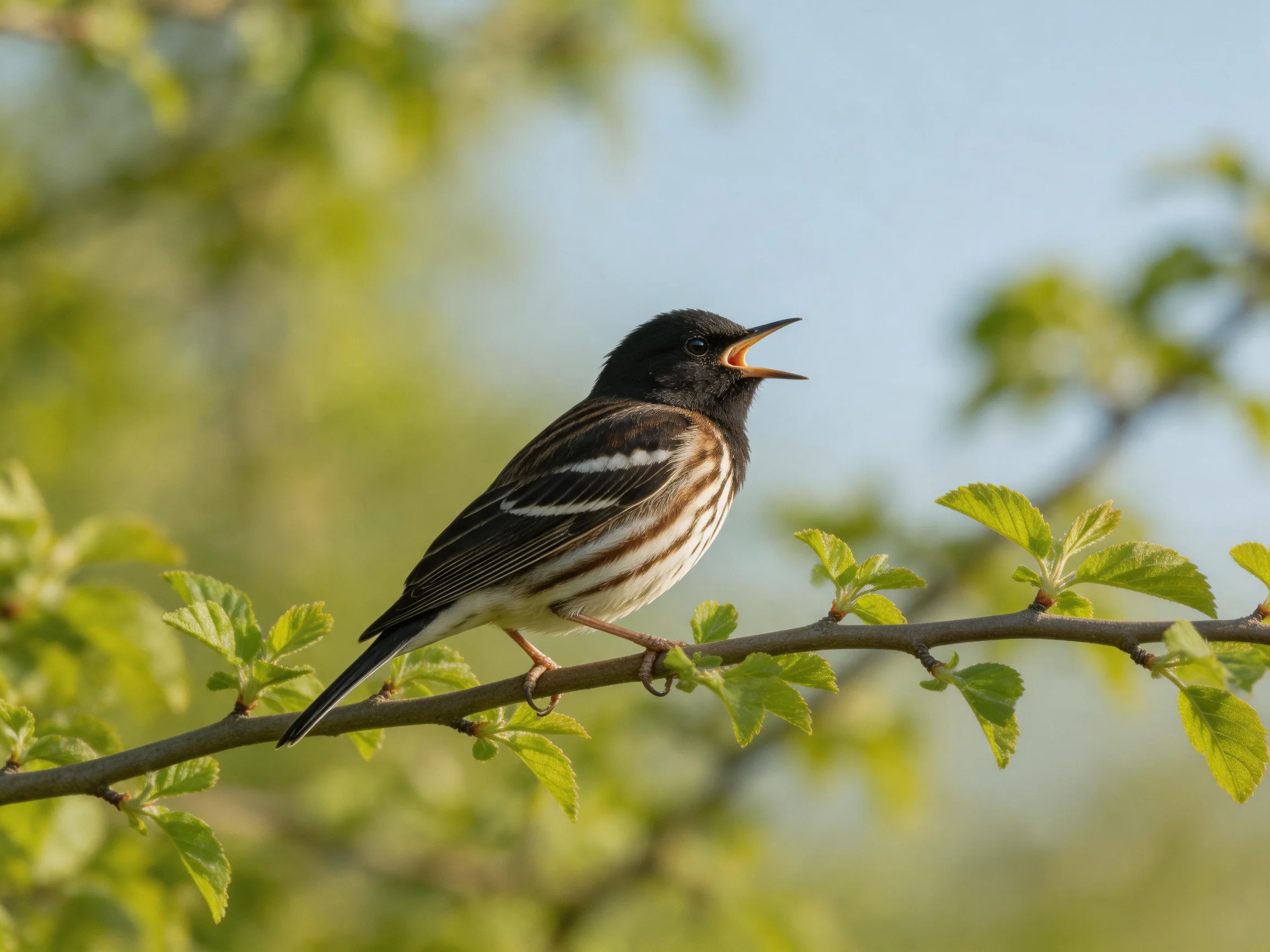 A small black-headed songbird perched on a leafy branch