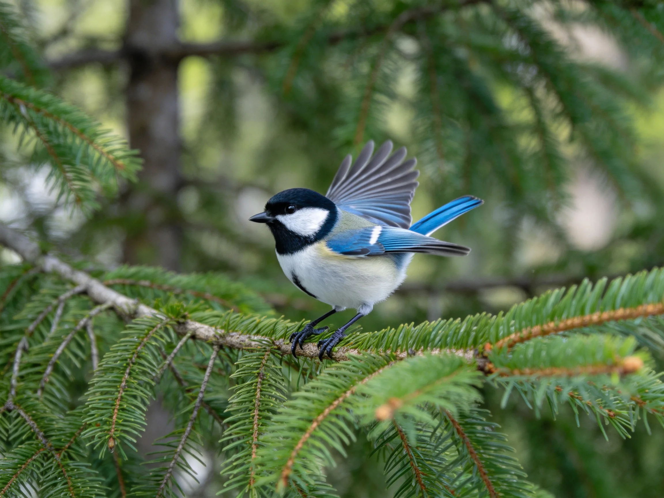 A small black, white, and blue bird on a green pine branch