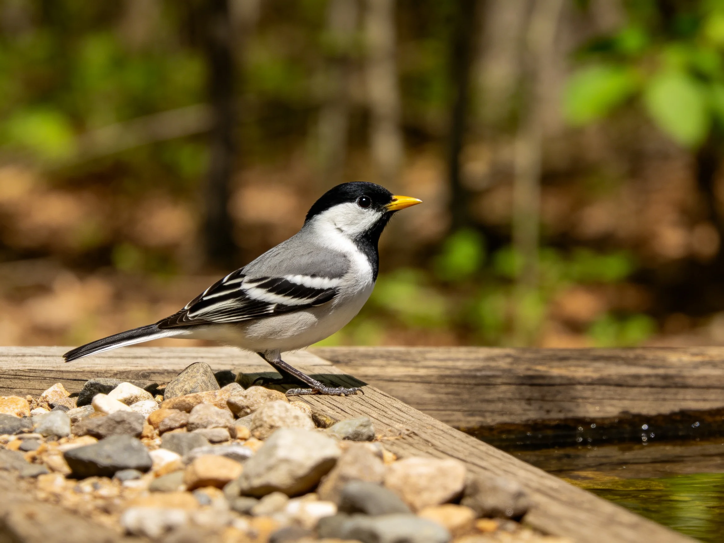 A small black, white, and gray bird with a yellow beak on a wooden ledge by pebbles