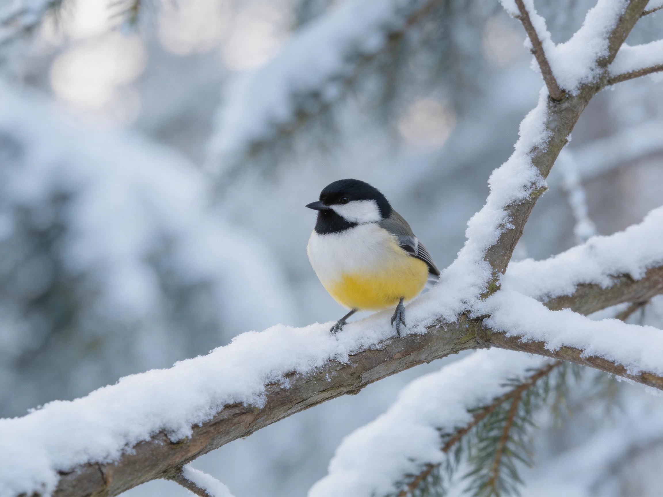 A small black, white, and yellow bird perched on a snow-covered branch