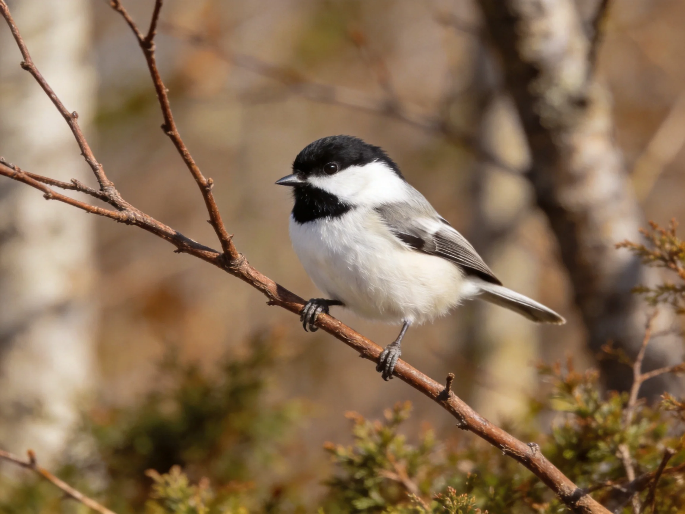 A small black --white bird perched on a slender brown branch