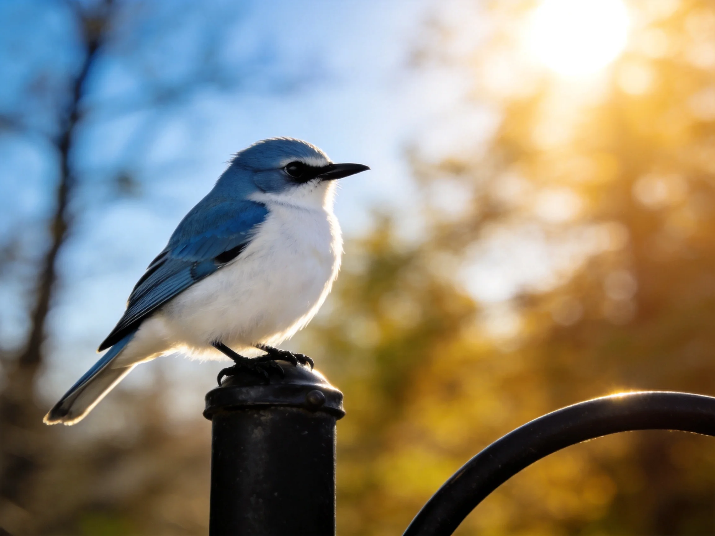 A small blue and white bird perched on a dark metal post under golden sunlight