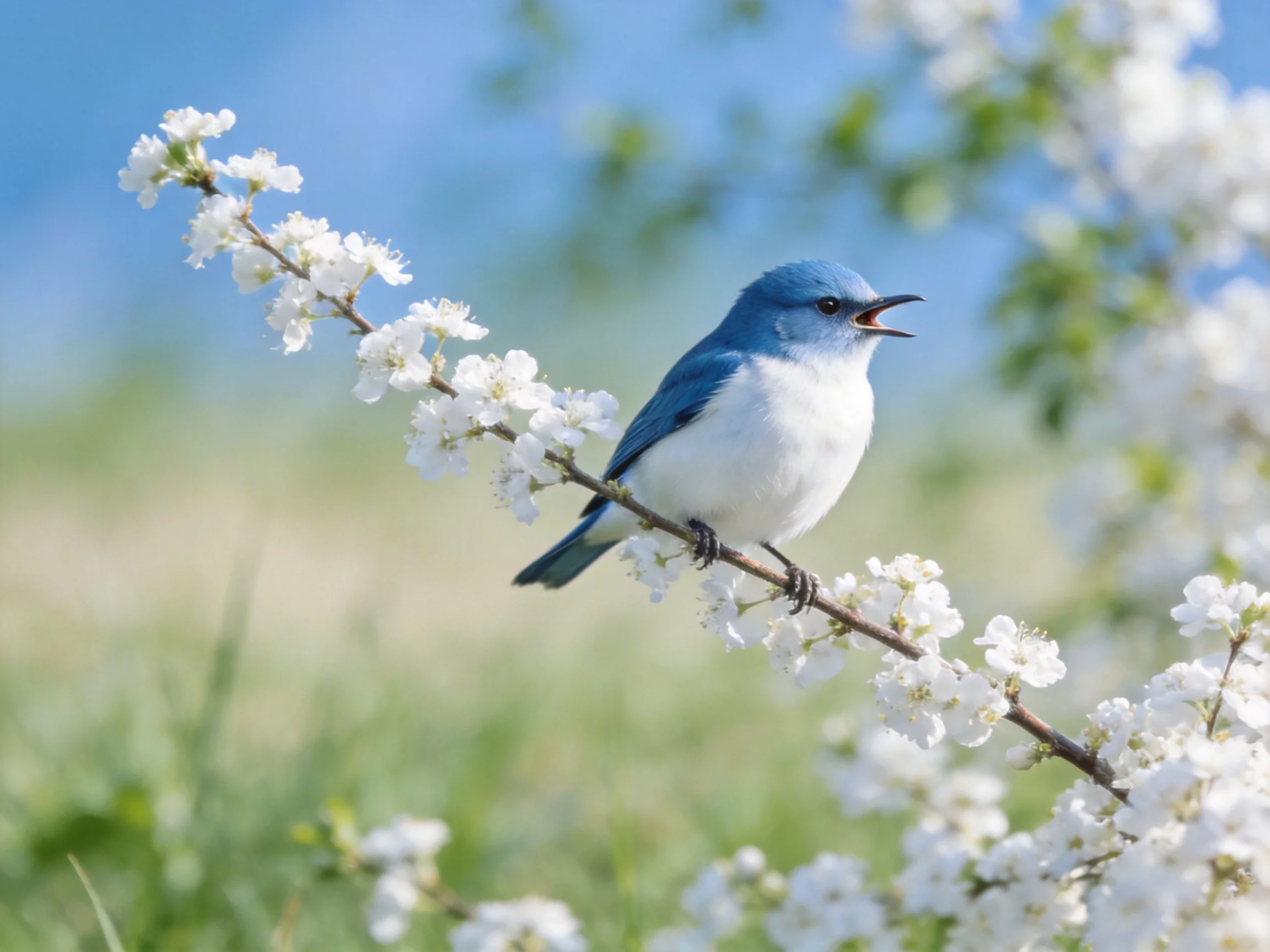 A small blue and white bird perches on a flowering branch with white blossoms