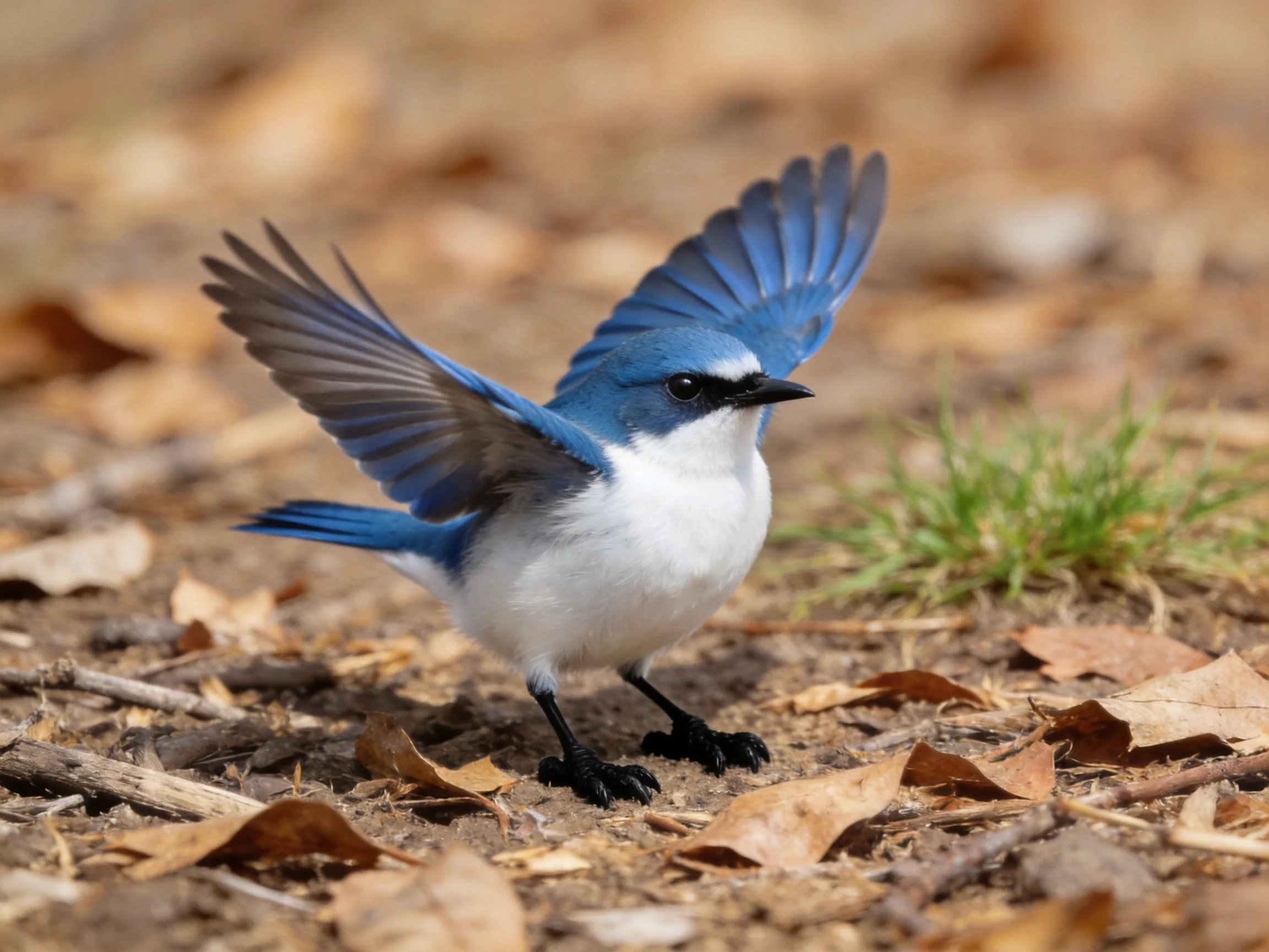A small blue and white bird spreading wings on leaf-strewn ground
