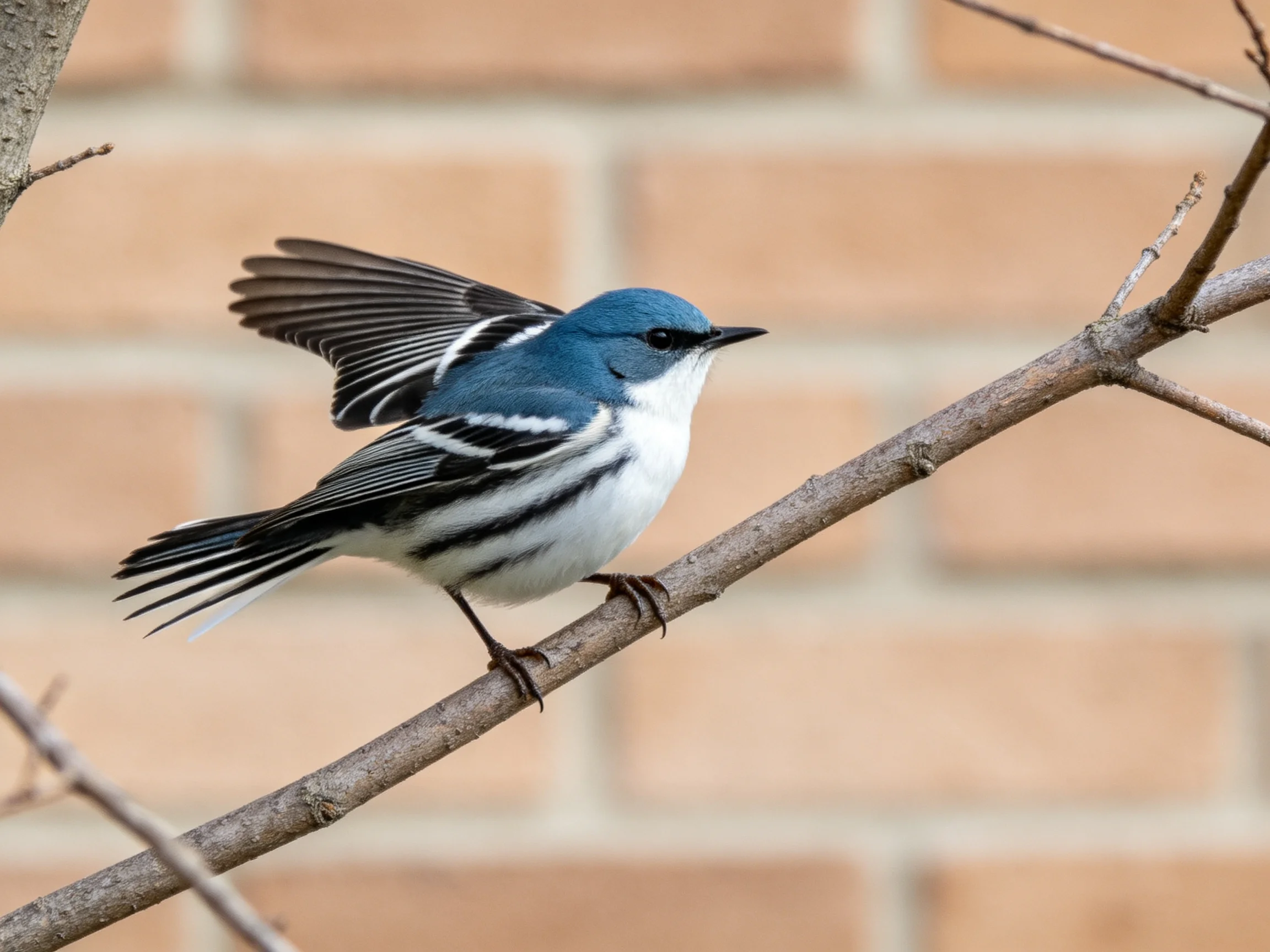 A small blue and white songbird perched on a thin tree branch near a brick wall