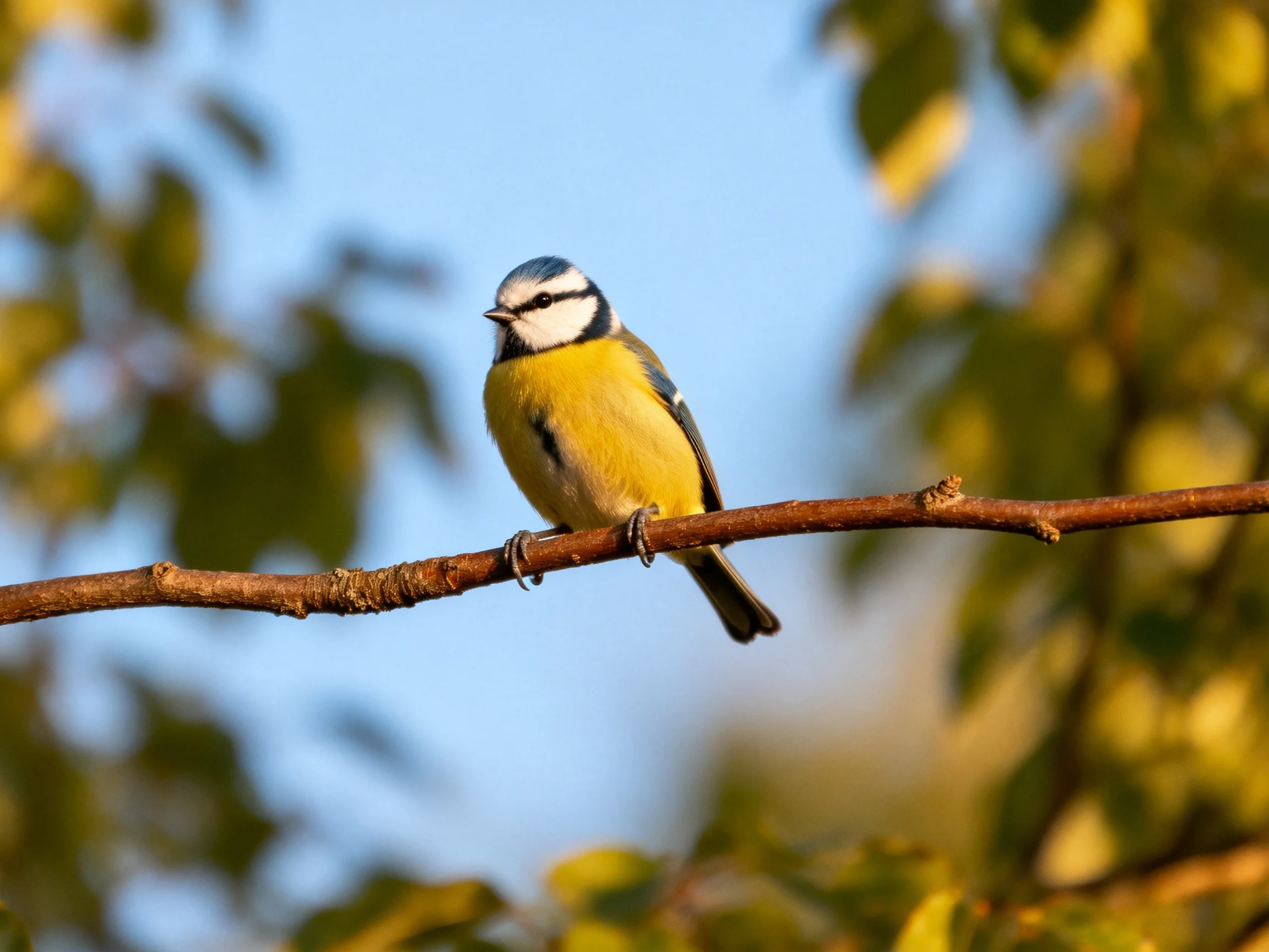 A small blue and yellow bird perched on a brown tree branch