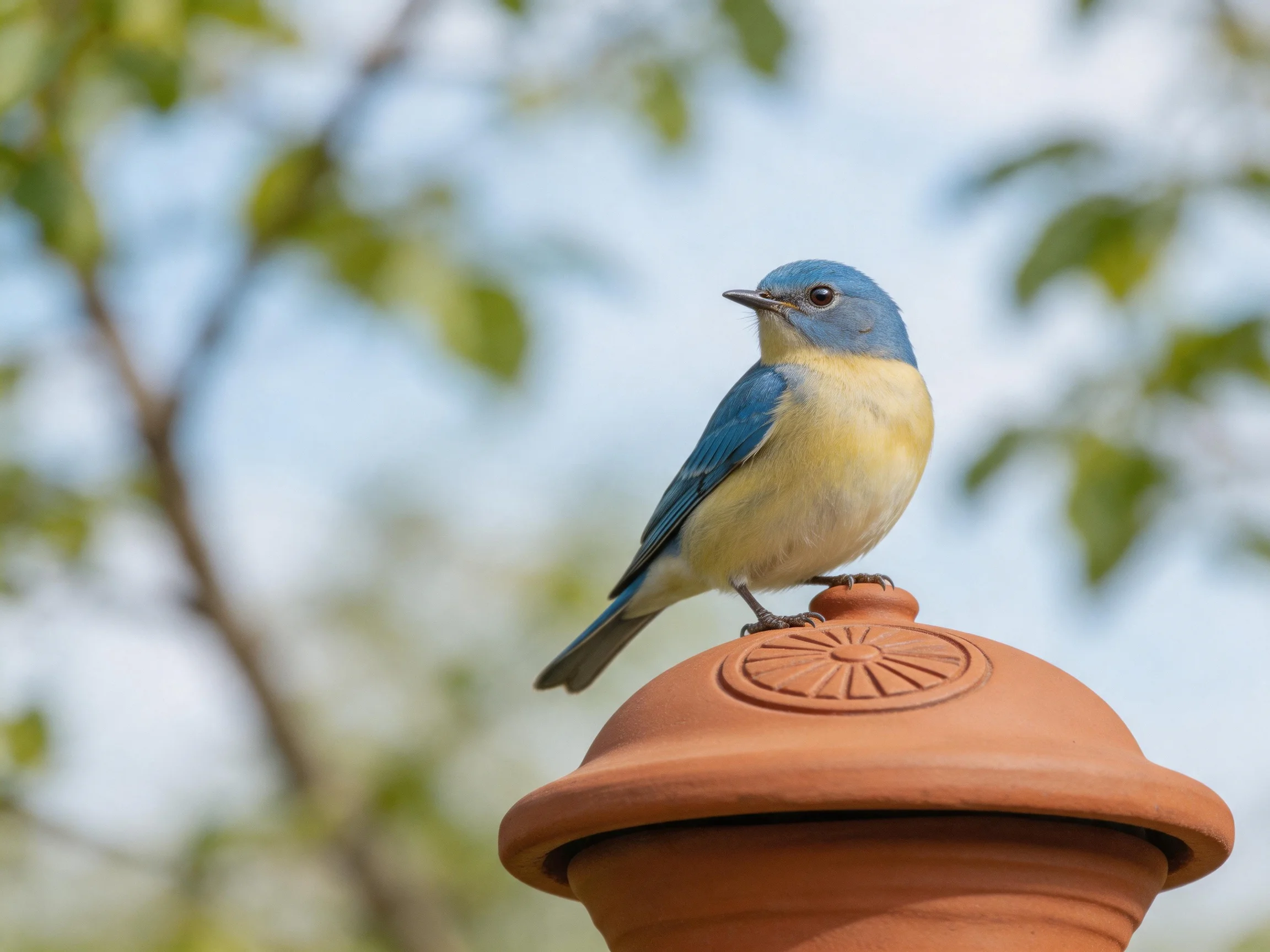 A small blue and yellow bird perched on a terracotta structure