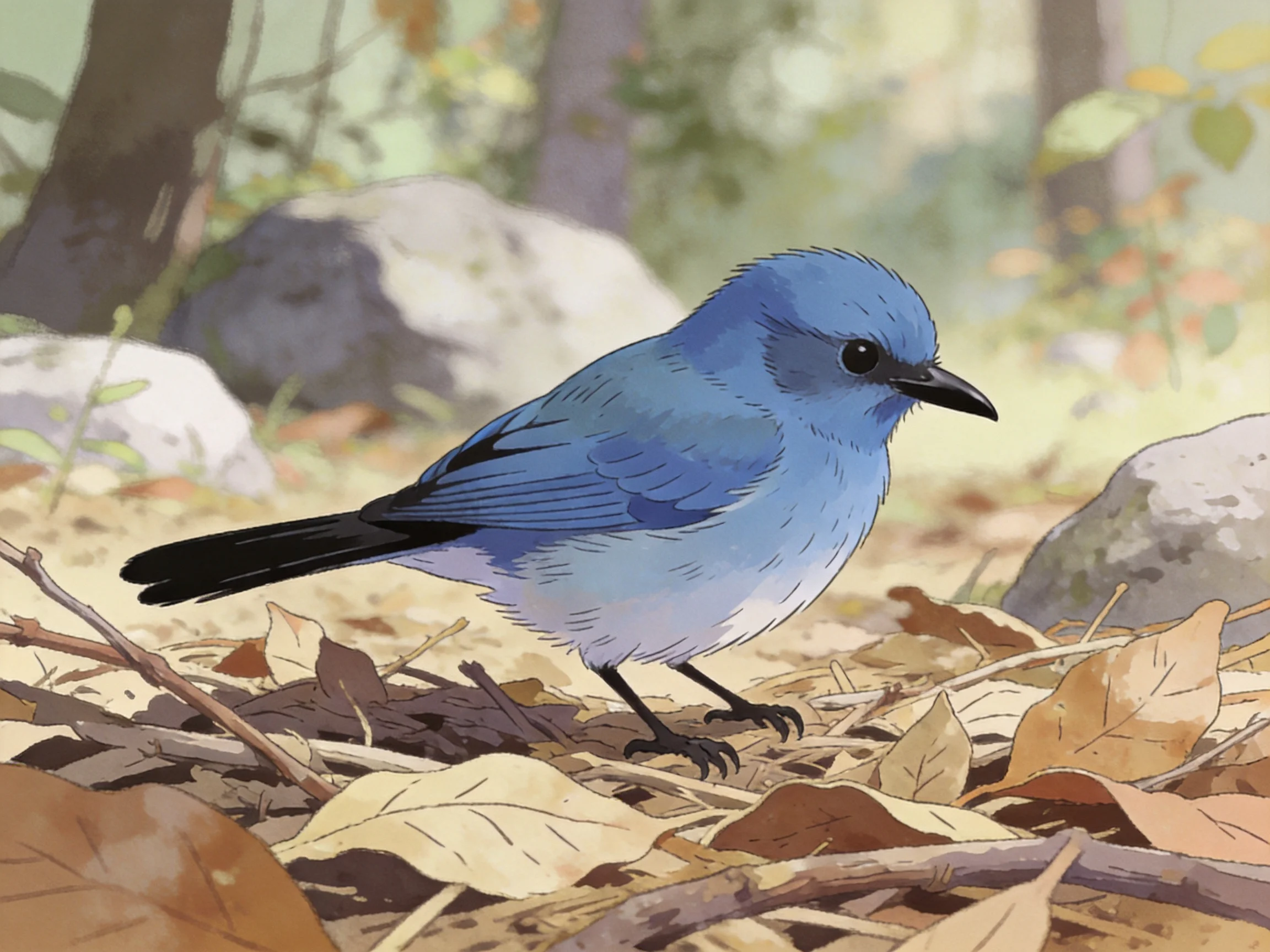 A small blue bird perched among autumn leaves and forest rocks