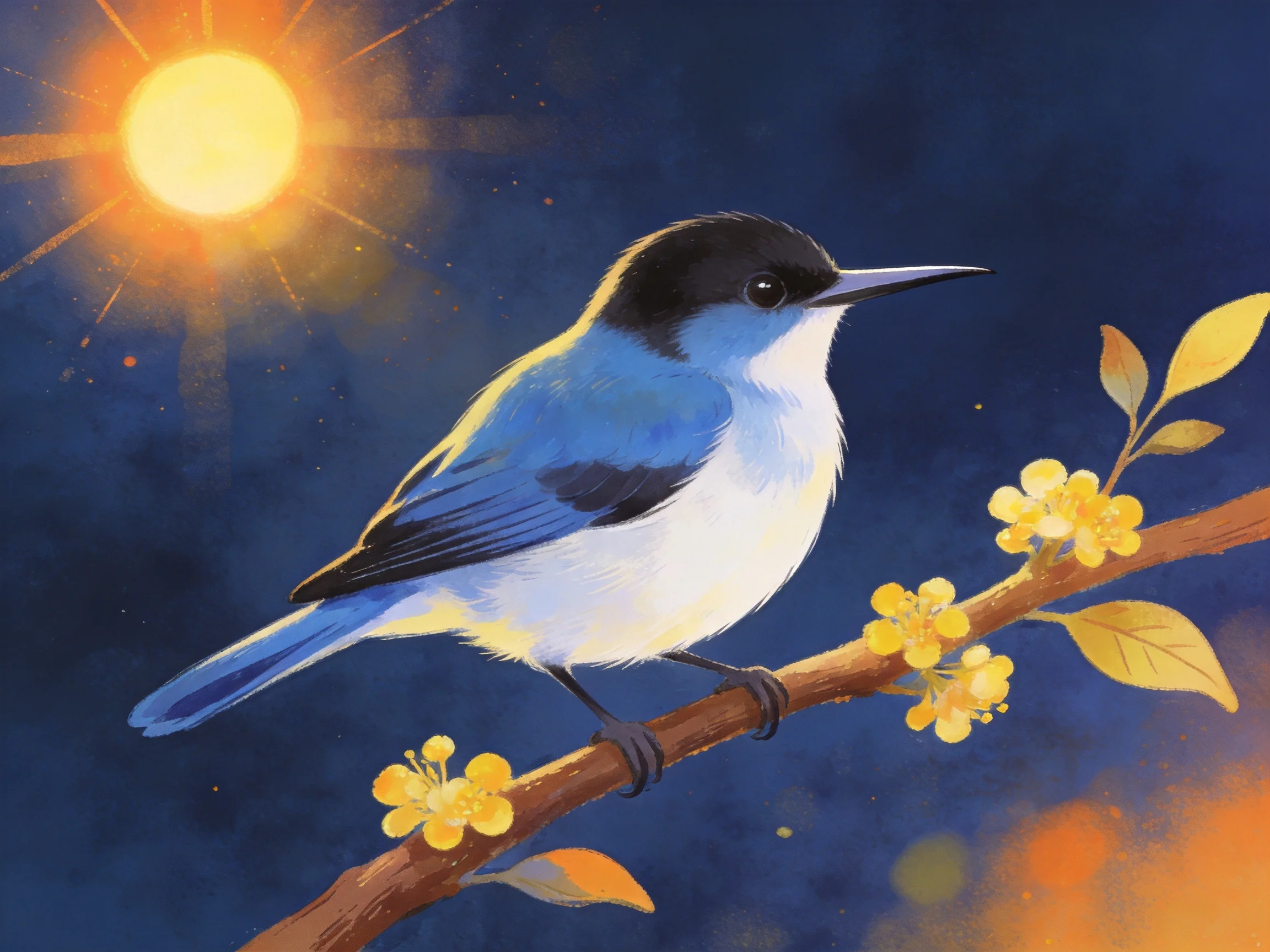 A small blue bird perches on a flowering branch near a glowing sun