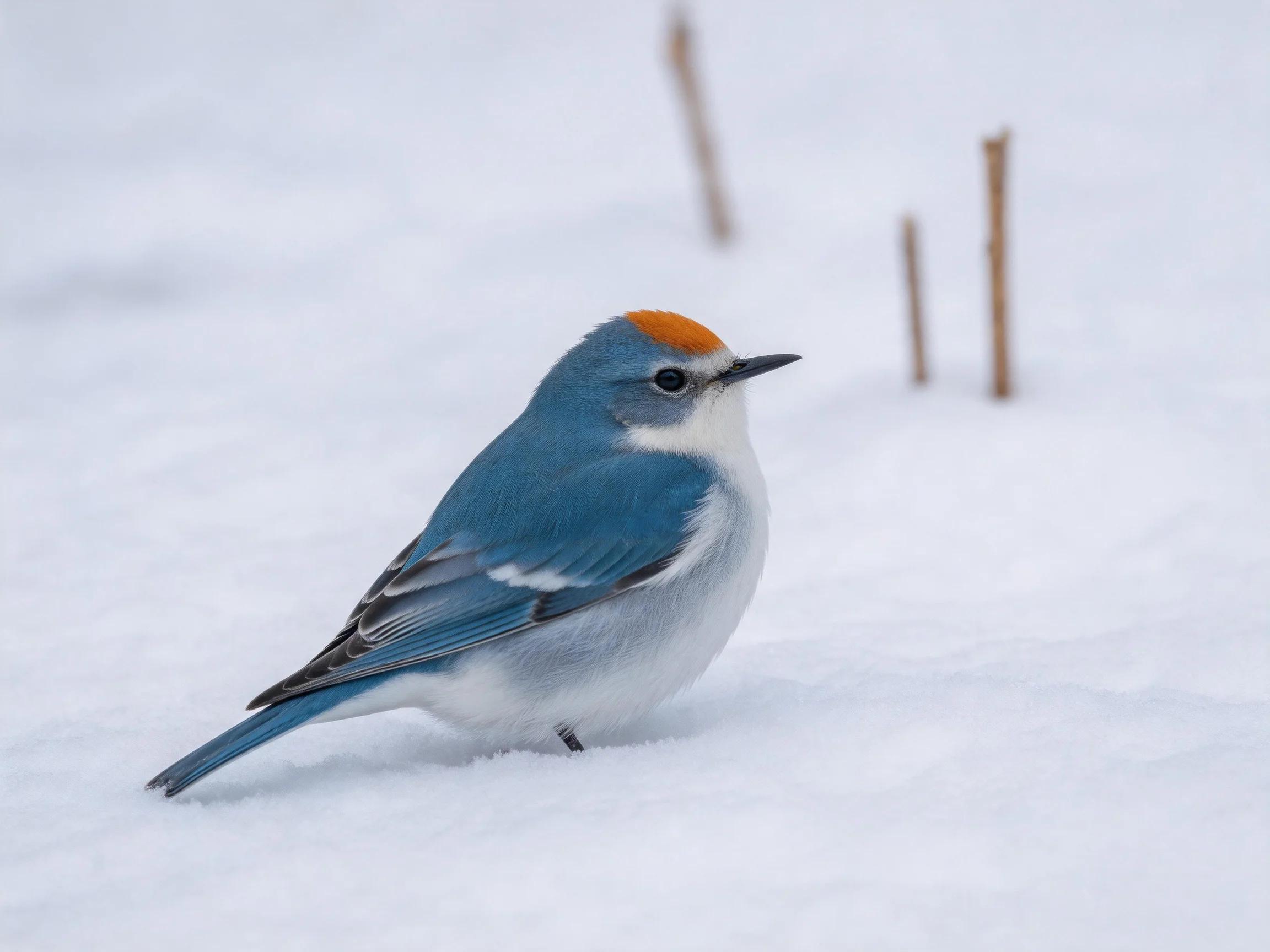 A small blue bird with orange cap stands on snowy ground