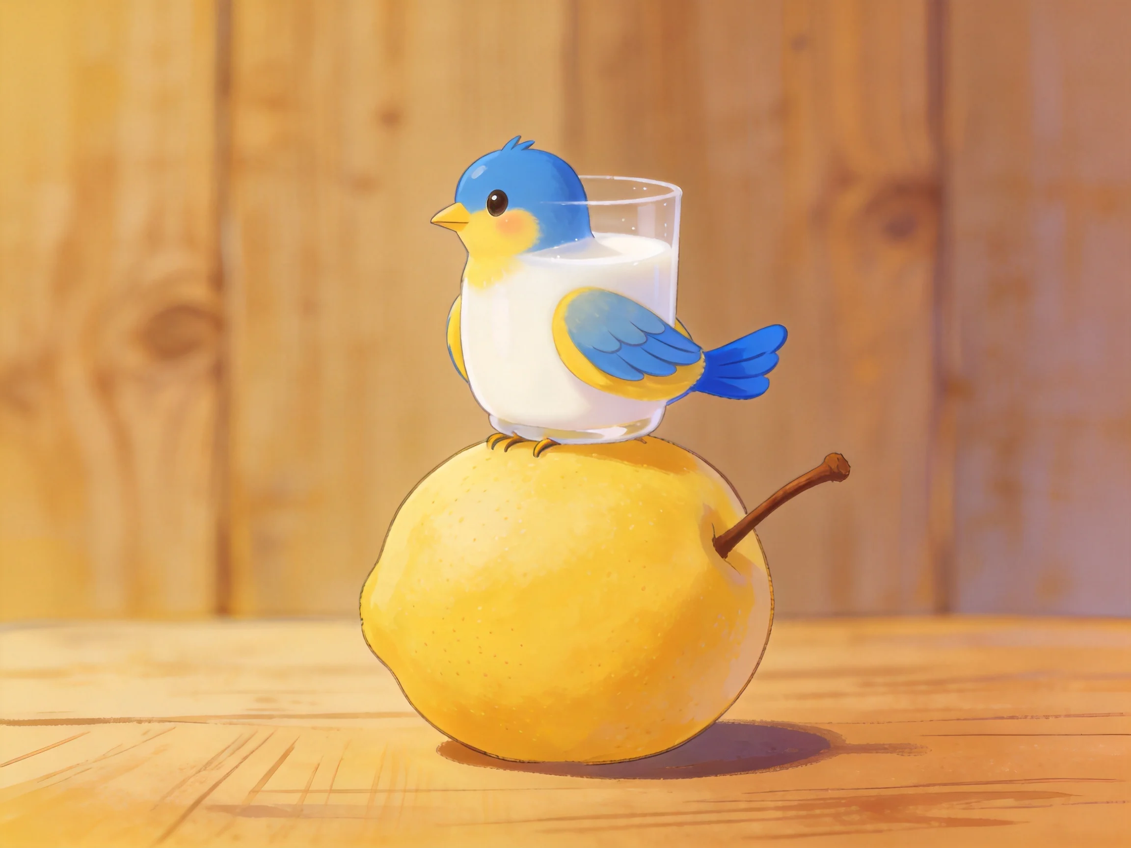 A small blue bird sits on a glass of milk placed on a yellow pear
