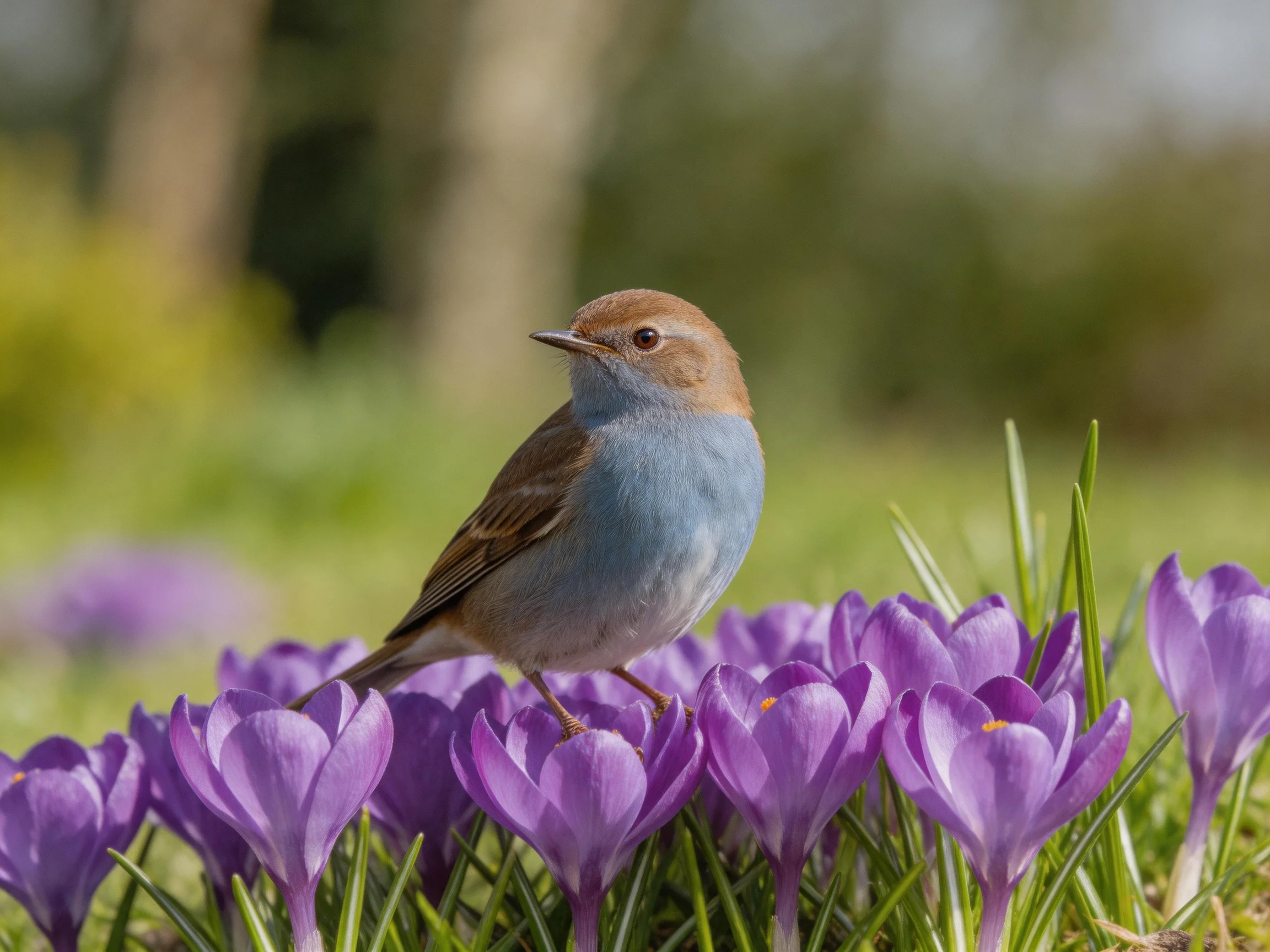 A small blue-gray bird perched among vibrant purple crocus flowers