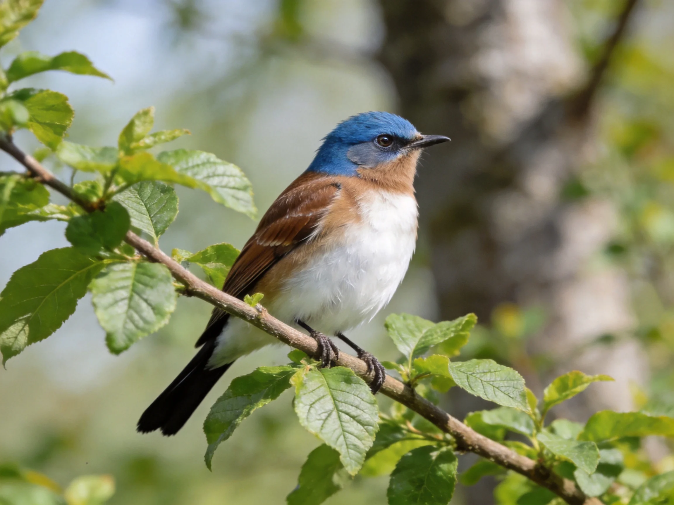 A small blue-headed bird perched on a leafy tree branch