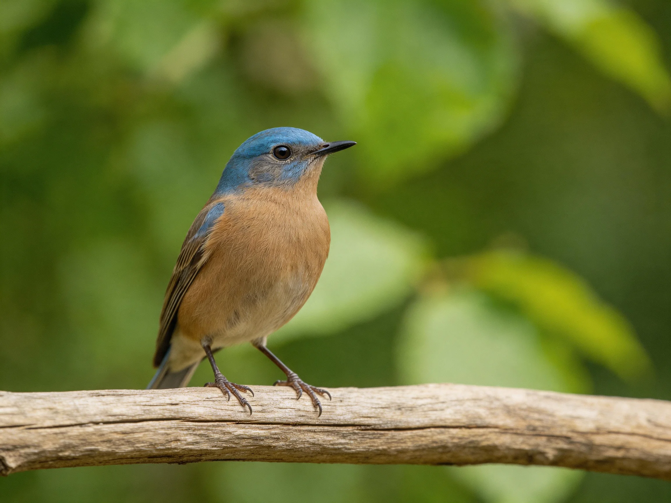 A small blue-headed bird perched on a wooden branch