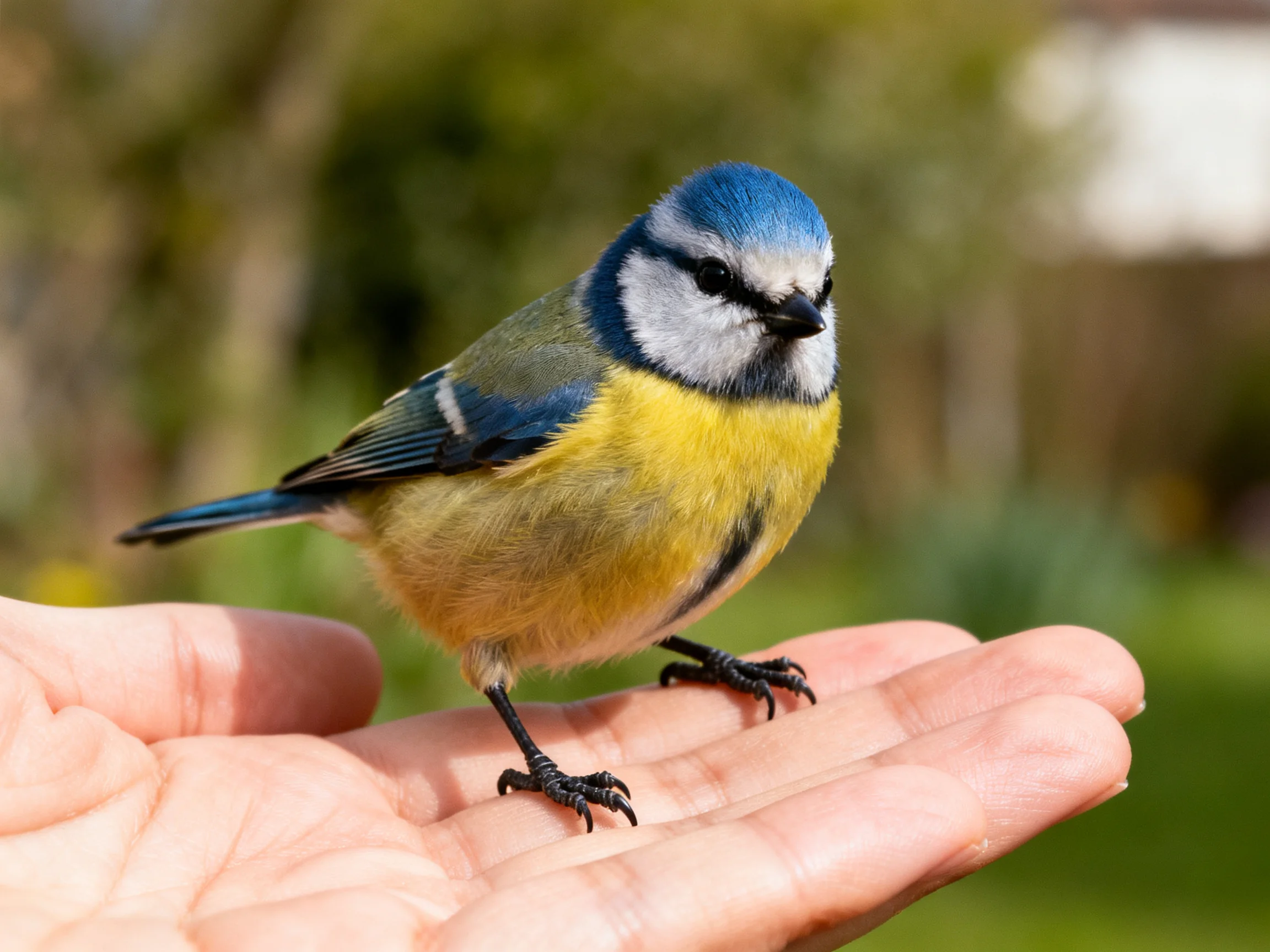 A small blue-headed bird perched on an outstretched palm