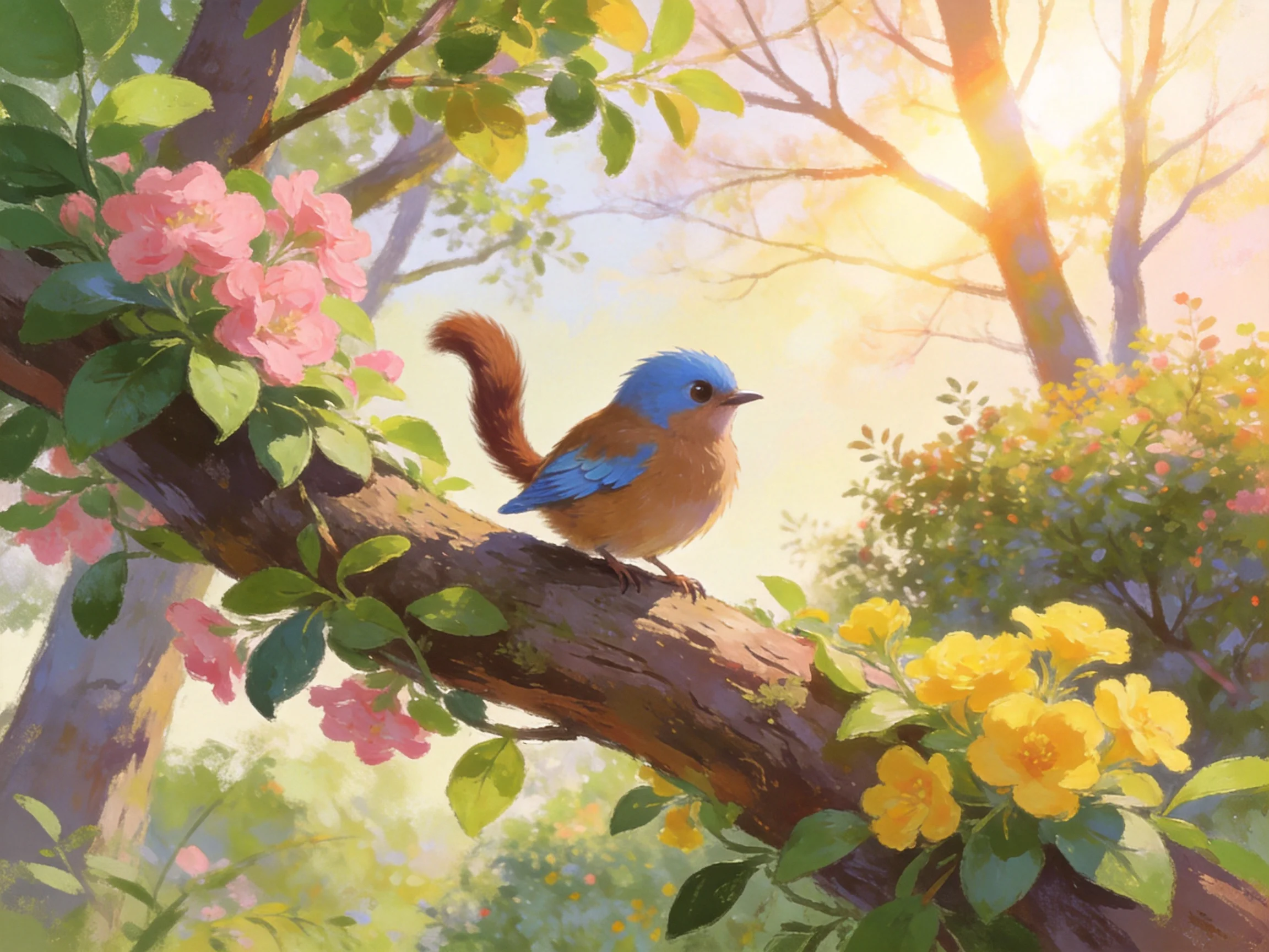 A small blue-headed bird perches on a flower-laden tree branch