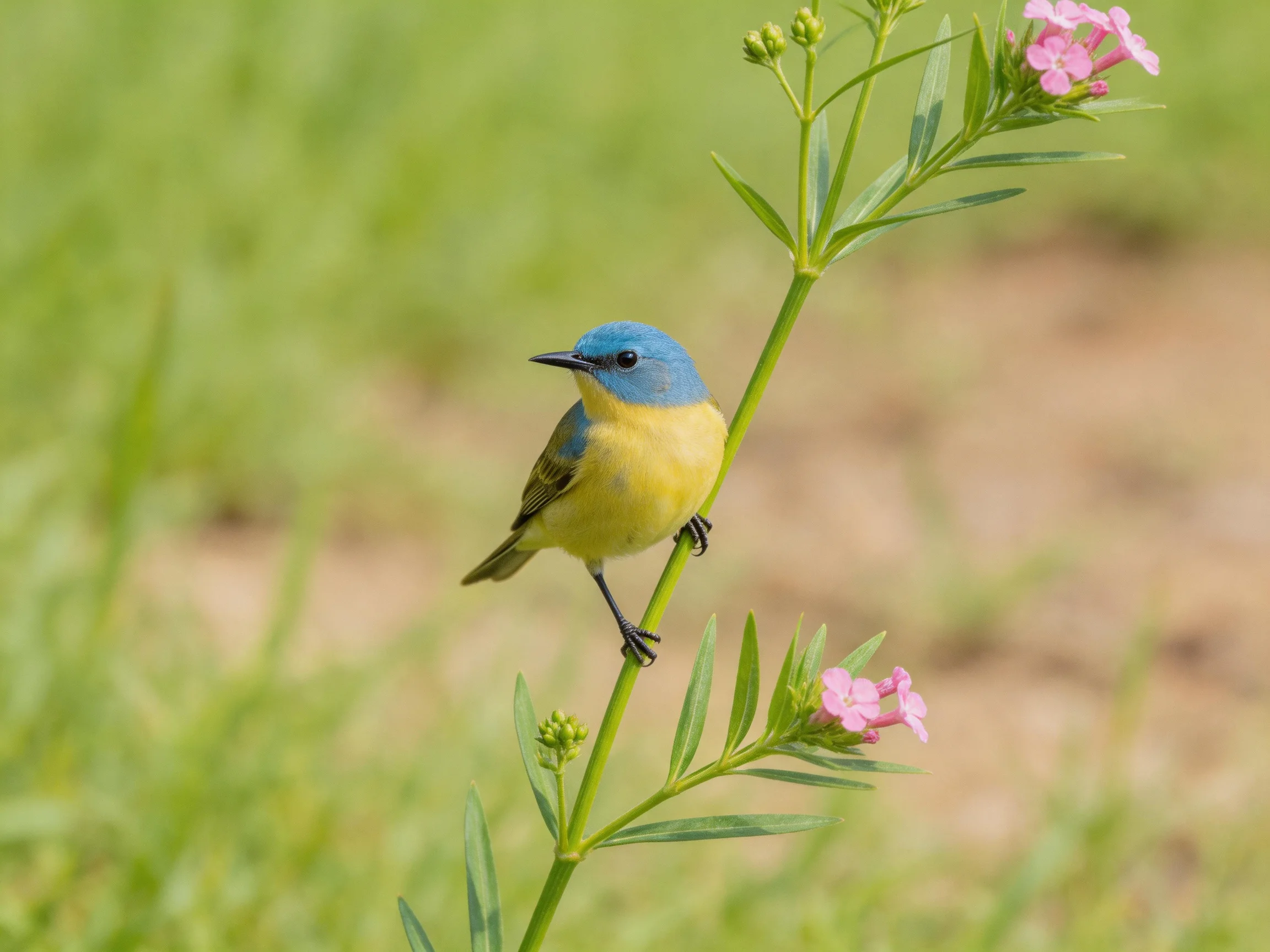 A small blue-headed bird perches on a flowering green stem with pink blossoms