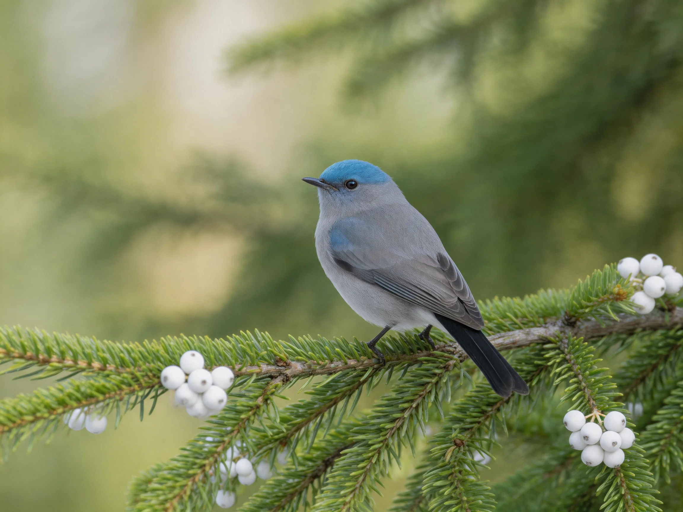 A small blue-headed bird perches on a green pine branch with white berries