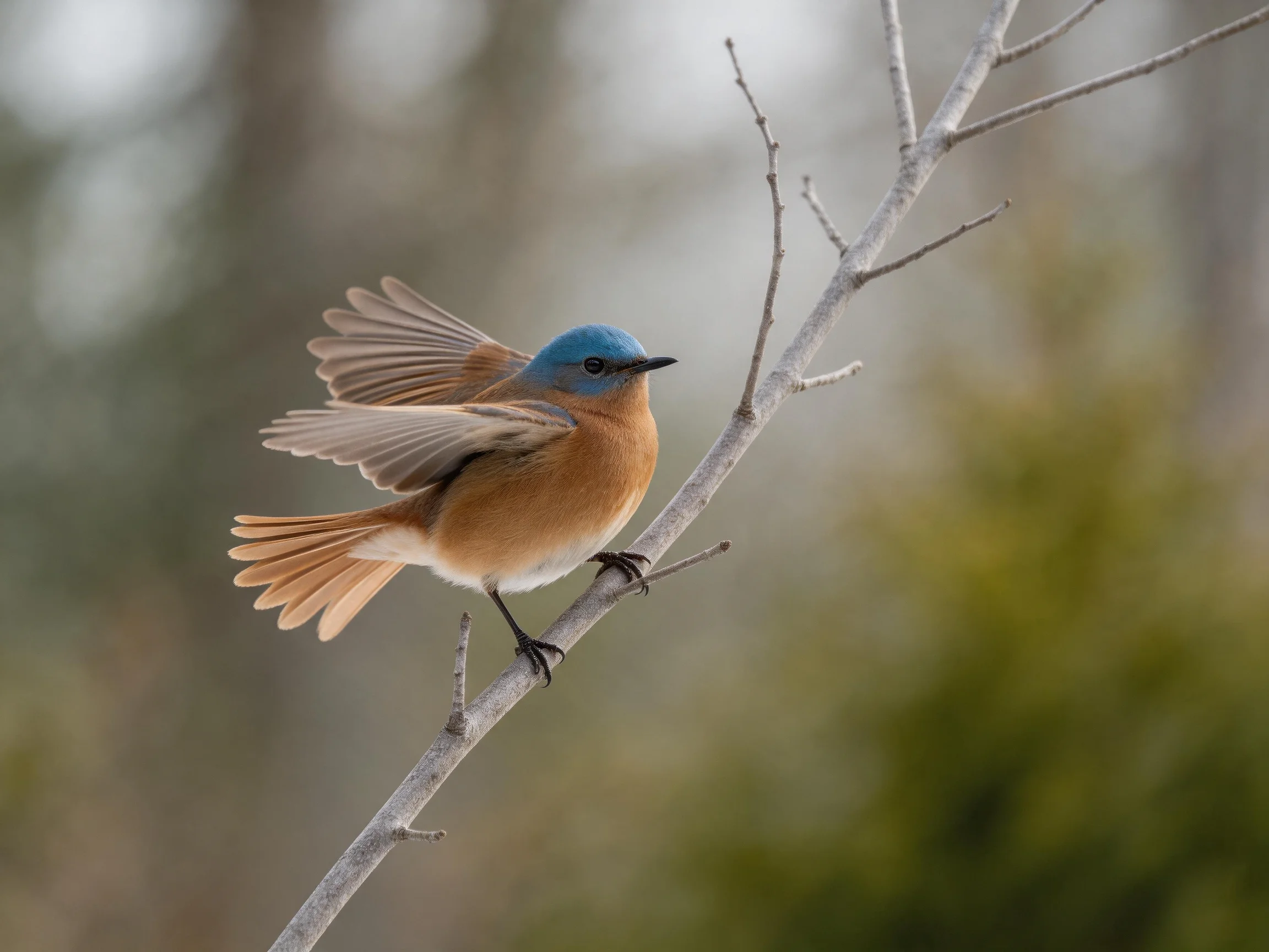 A small blue-headed bird spreading wings on a bare branch
