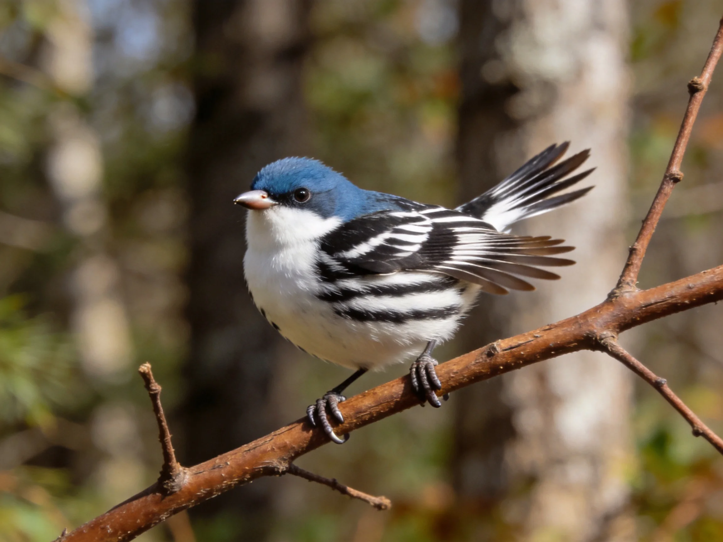 A small blue-headed bird with black-and-white wings perched on a brown tree branch