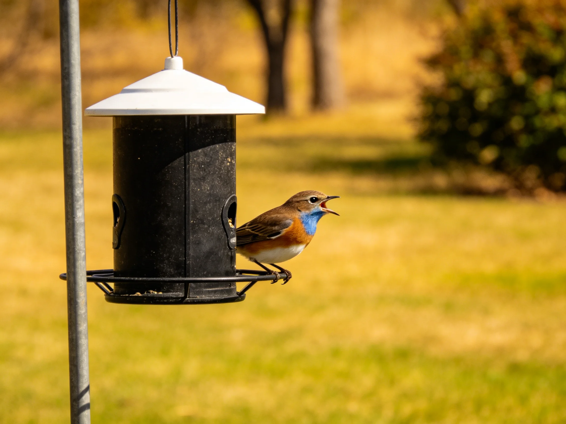 A small blue-throated bird perches on a black cylindrical bird feeder