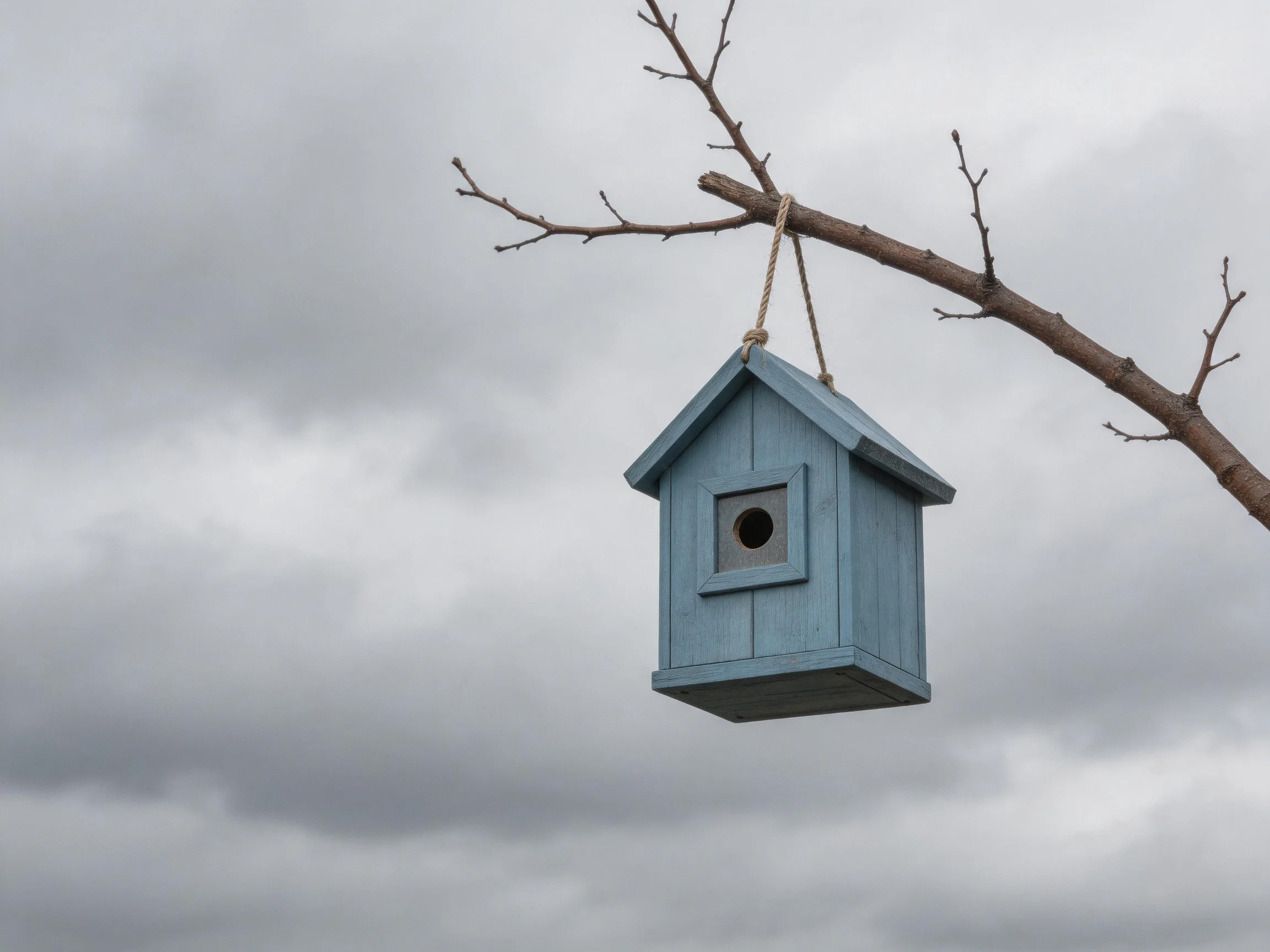 A small blue wooden birdhouse hangs from a bare tree branch