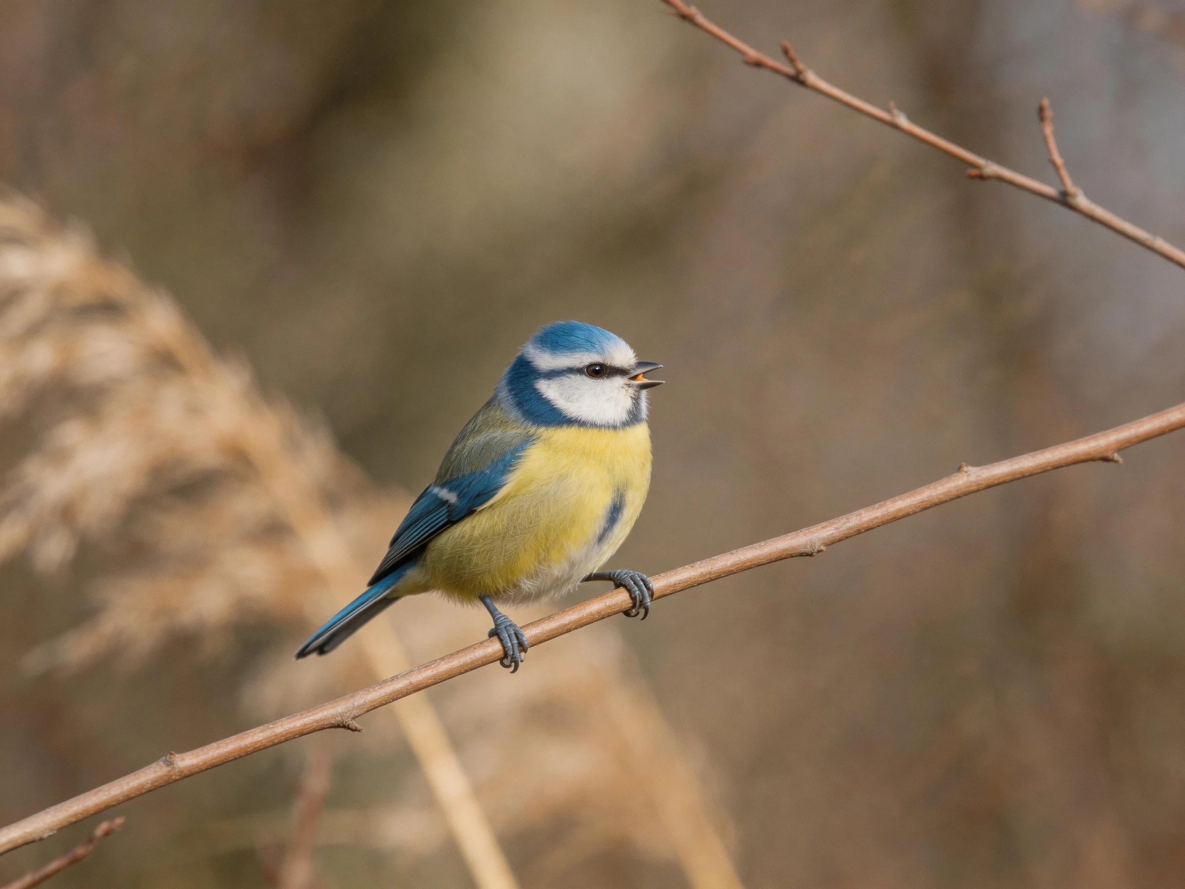 A small blue, yellow, and white bird perched on a bare brown branch