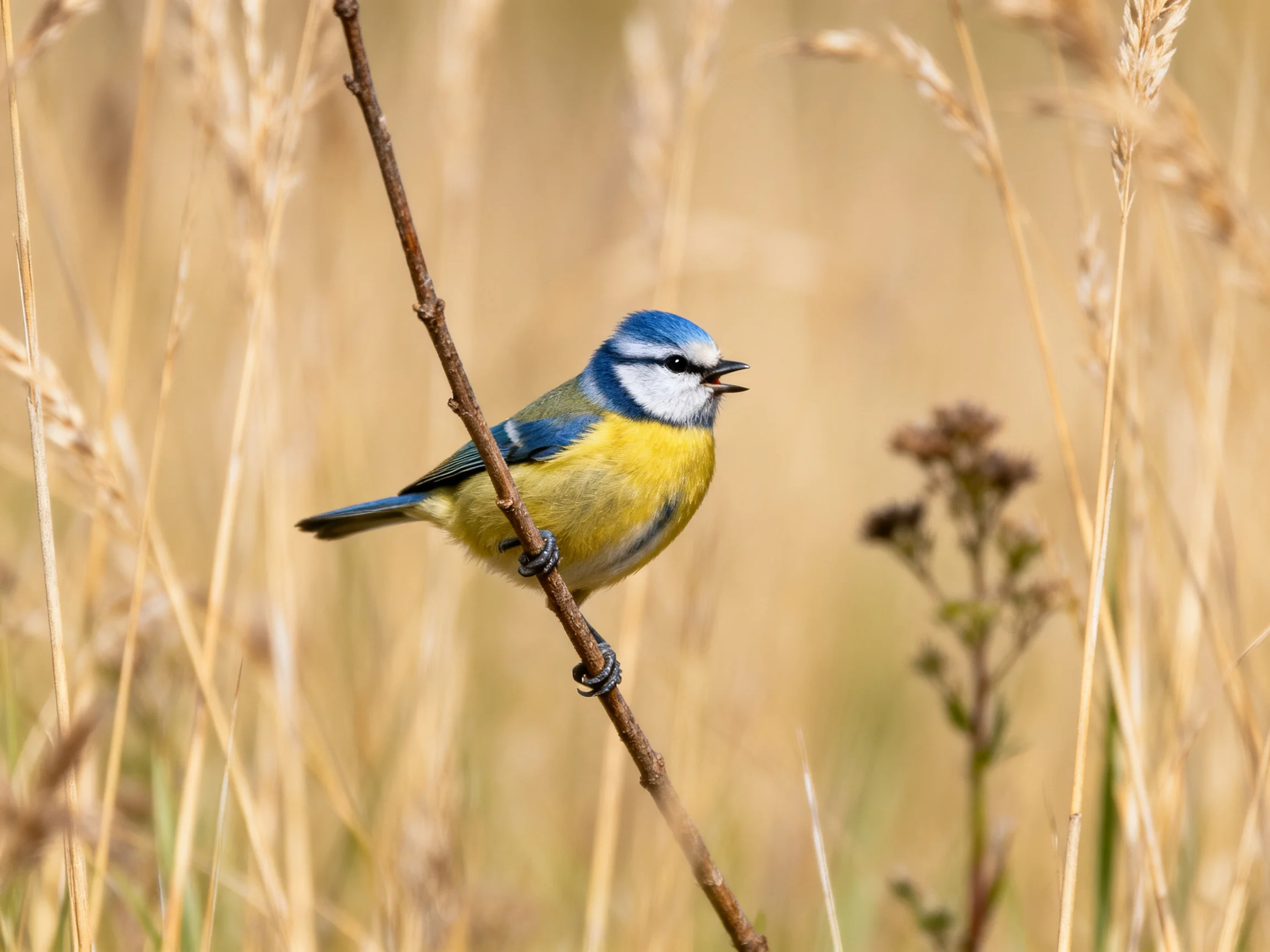 A small blue - yellow bird perched on a thin branch amid tall golden grasses