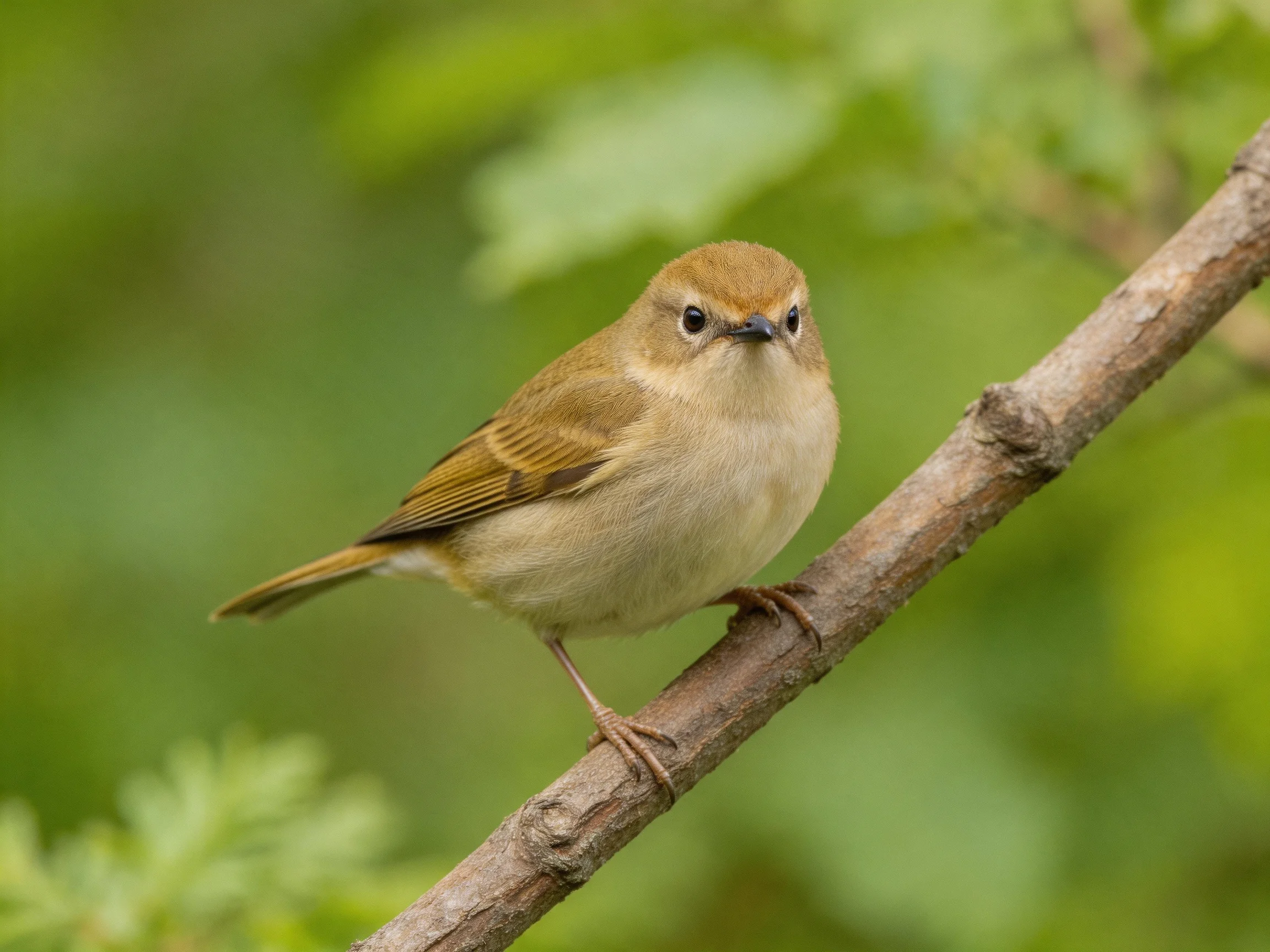 A small brown and beige bird perched on a tree branch